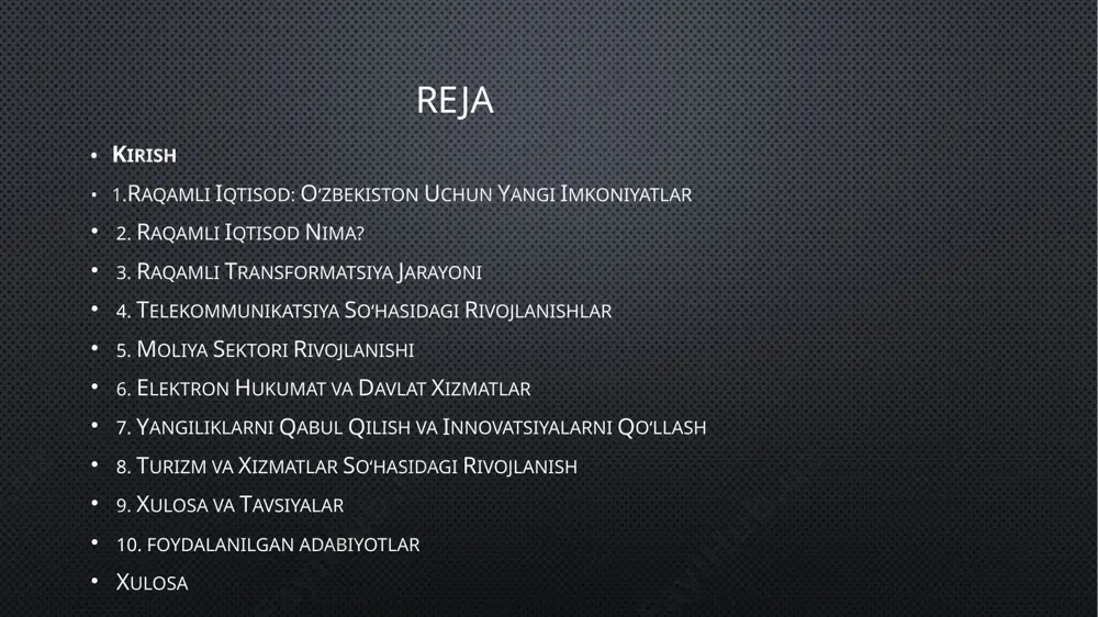 atishga imkon beradi. kreditlarkredit berishning raqamli usullari kreditga kirishni osonlashtiradi va biznesni rivojlantirishga yordam beradi elektron hukumat va davlat xizmatlari elektron hukumatelektron hukumat xizmatlari fuqarolarga davlat xizmatlaridan onlayn foydalanish imkoniyatini beradi va byurokratik jarayonlarni soddalashtiradi onlayn xizmatlaronlayn xizmatlar, masalan, pasportlar va boshqa hujjatlarni rasmiylashtirish, soliqlarni toʻlash va davlat xizmatlariga murojaat qilishni osonlashtiradi. shaffoflikelektron hukumat shaffoflikni oshiradi, chunki davlat xizmatlari haqida maʼlumotlar jamoatchilikka ochiq boʻladi samaradorlikelektron hukumat davlat xizmatlarining samaradorligini oshiradi va korrupsiyani kamaytirishga yordam beradi. yangiliklarni qabul qilish va innovatsiyalarni qoʻllash tadbirkorlikni rivojlantirish raqamli iqtisod tadbirkorlikni rivojlantirishga va yangi biznes modellarini yaratishga imkon beradi. texnologiyalarni qoʻllashkorxonalar yangi texnologiyalarni qoʻllash orqali samaradorlikni oshirishi va raqobatbardoshligini kuchaytirishi mumkin innovatsion echimlarinnovatsion echimlarni ishlab chiqish va qoʻllash oʻzbekistonda raqamli iqtisodning rivojlanishiga hissa qoʻshadi xalqaro hamkorlikxalqaro hamkorlik orqali oʻzbekiston raqamli texnologiyalar sohasida tajriba almashishi va yangi bilimlarga ega boʻlishi mumkin turizm va xizmatlar soʻhasidagi rivojlanish onlayn rezervasyonturizm xizmatlarining onlayn rezervasyonu sayyohlar uchun qulaylik yaratishga va …