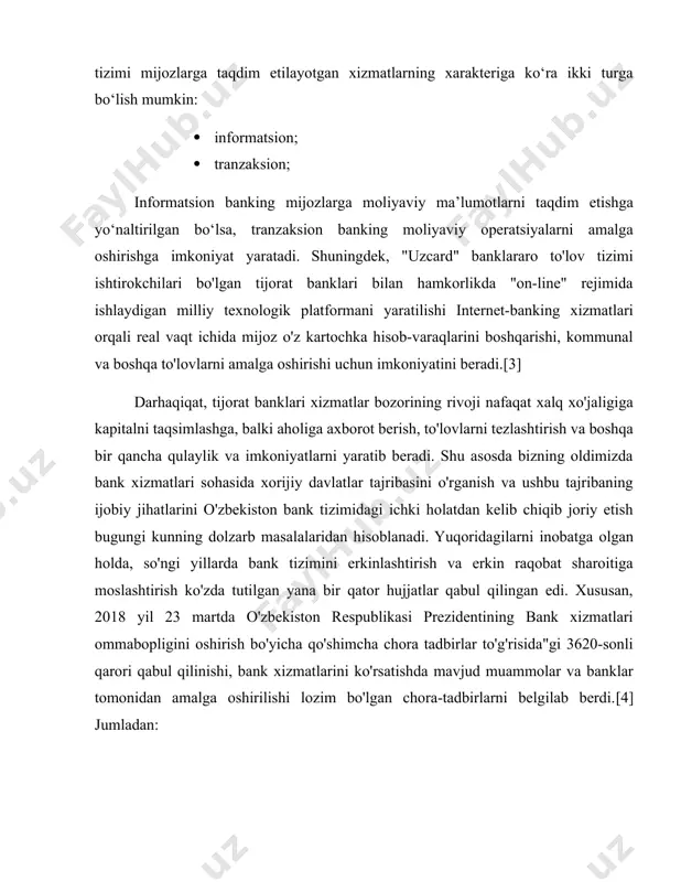 ga oshirishga imkoniyat yaratadi. shuningdek, "uzcard" banklararo to'lov tizimi ishtirokchilari bo'lgan tijorat banklari bilan hamkorlikda "on-line" rejimida ishlaydigan milliy texnologik platformani yaratilishi internet-banking xizmatlari orqali real vaqt ichida mijoz o'z kartochka hisob-varaqlarini boshqarishi, kommunal va boshqa to'lovlarni amalga oshirishi uchun imkoniyatini beradi.[3] darhaqiqat, tijorat banklari xizmatlar bozorining rivoji nafaqat xalq xo'jaligiga kapitalni taqsimlashga, balki aholiga axborot berish, to'lovlarni tezlashtirish va boshqa bir qancha qulaylik va imkoniyatlarni yaratib beradi. shu asosda bizning oldimizda bank xizmatlari sohasida xorijiy davlatlar tajribasini o'rganish va ushbu tajribaning ijobiy jihatlarini o'zbekiston bank tizimidagi ichki holatdan kelib chiqib joriy etish bugungi kunning dolzarb masalalaridan hisoblanadi. yuqoridagilarni inobatga olgan holda, so'ngi yillarda bank tizimini erkinlashtirish va erkin raqobat sharoitiga moslashtirish ko'zda tutilgan yana bir qator hujjatlar qabul qilingan edi. xususan, 2018 yil 23 martda o'zbekiston respublikasi prezidentining bank xizmatlari ommabopligini oshirish bo'yicha qo'shimcha chora tadbirlar to'g'risida"gi 3620-sonli qarori qabul qilinishi, bank xizmatlarini ko'rsatishda mavjud muammolar va banklar tomonidan …