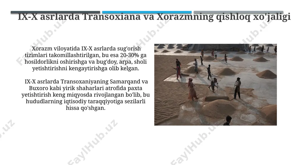 mning adabiyoti ix-x asrlarda buxoro va samarqand shaharlarida 30 dan ortiq yirik kutubxonalar mavjud boʻlib, ularda dunyoning turli burchaklaridan olib kelingan 100 mingdan ziyod qoʻlyozma saqlangan. xorazm viloyatida 9-10 asrlarda arab, fors va turkiy tillarda yozilgan 20 ga yaqin tarixiy manbalar, jumladan, "xorazmshohlar tarixi" kabi asarlar yaratildi. e'tiboringiz uchun rahmat @taqdimot_robot image1.jpg image2.jpg image3.jpg image4.jpg image5.jpg image6.jpg image7.jpg image8.jpg image9.jpg image10.jpg image11.jpg image12.jpg image13.jpg image14.jpg image15.jpg