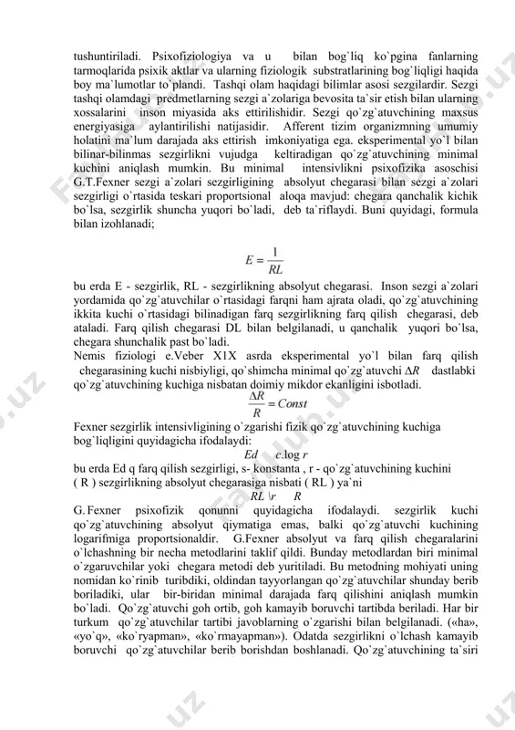ning zamonaviy uslublaridan biri r.shepardning ko`p o`lchovli shkalalashtirish metodikasidir. uning yordami bilan sezgirlikning eng muhim va o`ziga xos tomonlari o`rganiladi. bunday tadqiqotlar nafaqat sezgirlik psixofizikasida, balki hissiyot psixologiyasida, psixodiagnostika va psixosemantikada ham keng qo`llaniladi. psixofizik muammo keng ma`noda birinchidan, psixikaning tabiatdagi o`rni, tor ma`noda esa psixologik va fiziologik jarayonlarning o`zaro nisbatidir. ikkinchidan, psixofizika muammosini psixofiziologik muammo, deb atash mumkin. psixofizik muammolar - xvii asrda r.dekart jonli organizmlarning xulq-atvorini mexanik o`zaro ta`sir sifatida qarash kerakligi haqidagi g`oyani ilgari surgandan so`ng, ayniqsa, dolzarb bo`lib qoldi. bu g`oyaga ko`ra ongning tushuntirish qiyin bo`lgan aktlari jismsiz fazoviy bo`lmagan substantsiyaga kiritilgan. bu substantsiyaning ―tana mashinasi ishiga munosabati r.dekartni psixofizik o`zaro ta`sir kontseptsiyasini ilgari surishga undadi, ya`ni tana faqat harakat qiladi, jon faqat fikrlaydi, ular miyaning muayyan qismida bir-biriga ta`sir etadi. t.gobbs va b.spinoza bu g`oyaga qarshi chiqib, o`z qarashlarini ilgari surishgan. gobbs, sezgini moddiy jarayonlarning yordamchi predmeti, deb qarasa, spinoza g`oyalar tartibi, xuddi buyumlar tartibiga …