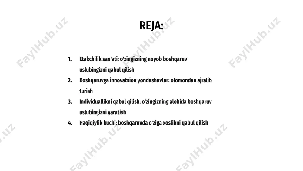 r. yondashuvlardagi xilma-xillikni qabul qilish innovatsion yechimlar va kuchli jamoa dinamikasiga olib kelishi mumkin. o'z boshqaruv uslubingizni yaratish o'z-o'zini anglash va mulohaza yuritishni o'z ichiga oladi. o'zingizning kuchli va zaif tomonlaringizni tushunib, siz etakchilik yondashuvingizni jamoangiz ehtiyojlariga moslashtirishingiz mumkin. ko'proq amaliy yoki hamkorlikka yondashishga moyil bo'lasizmi, menejer sifatida o'zingizning individualligingizni qabul qilish sizni boshqalardan ajratib turadi va atrofingizdagilarni ham xuddi shunday qilishga ilhomlantiradi. salavha boshqaruvda o'ziga xoslikni qabul qilish har bir rahbarning o'ziga xos uslubi va kuchli tomonlariga ega ekanligini tan olishni anglatadi. 1 haqiqiylik etakchilik uchun juda muhim, chunki bu menejerlarga o'zlariga sodiq bo'lish va o'z jamoasi bilan ishonchni mustahkamlash imkonini beradi. 3 boshqaruv uslublarida individuallik va haqiqiylikni qabul qilish orqali tashkilotlar ijodkorlik, innovatsiya va ijobiy ish madaniyatini rivojlantirishi mumkin. 2 ijodkorlikni ochish: harakatda turli xil boshqaruv uslublari a boshqaruv uslublarining o'ziga xosligi ularning jamoada ijodkorlikni ochish qobiliyatidadir. etakchilikka turlicha yondashuvlarni o‘zlashtirib, tashkilotlar innovatsiyalarni rag‘batlantirishi va muvaffaqiyatga erishishi mumkin. …