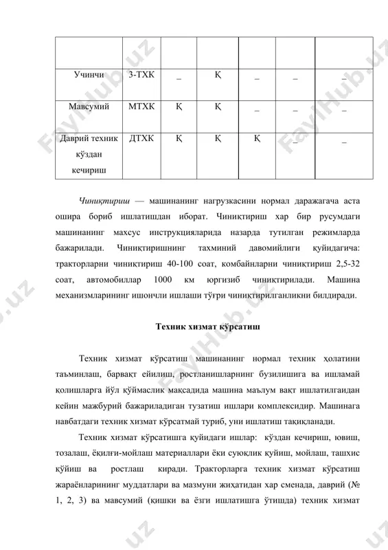 ракторни кузги-қишки ёки баҳорги-ёзги ишлатиш даврларига тайёрлашдан иборат. у техник хизмат кўрсатиш пунктида бажарилади. комбайн ва қишлоқ хўжалик машиналарига техник хизмат кўрсатиш муддати хамда мазмунига қараб хар сменада ва даврий (комбайнлар) хизмат кўрсатишларга бўлинади. комбайнларга хар сменада ва даврий хизмат кўрсатиш улар ишлаётган жойда ёки техник хизмат кўрсатиш пунктида бажарилади. трактор ва автомобилларга техник хизмат кўрсатиш хар бир русумдаги машина учун қоидалар ва технологик карталарга мувофиқ бажарилади. 2-жадвалда автомобил ва тракторларга даврий техник хизмат кўрсатиш хақидаги маълумотлар келтирилган. жадвал. трактор сарфлаган ёнилғига қараб килограммда ва авгомобилларга (юрган йўлига қараб километрда) техник хизмат кўрсатиш даврийлиги машина русуми хстхк 1-тхк 2-тхк з-тхк мтхк юк автомобиллари кундалик ( хар сменада) 2100—2800 8400—11200 йилига икки марта (баҳорги-ёзги ва кузги-қишки ишлатиш олдидан) тракторлар: мтз-50, мтз-52 400 1600 6400 мтз-80, мтз-82 550 2200 8300 т-74, дт-75 650 2600 10100 дт-75м 750 3000 12000 т-150, т-150к 1200 4800 19200 к-700 1600 6400 25600 к-701 2300 9200 36800 …