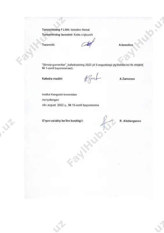 kelishini toʼgʼri tushunish koʼnikmalariga ega boʼlishi kerak; - jahon tarixining (qadimgi sharq, qadimgi yunoniston va rim, ilk va rivojlangan oʼrta asrlarda, yevropa davlatlari) turli davrida roʼy bergan ishlab chiqarishning yangi ilgʼor munosabatlariga oʼtish uchun bevosita shart-sharoit vujudga kelganini tahlil qilish, yangi ishlab chiqarish munosabatlari bilan bogʼliq boʼlgan xalq ommasining eski feodal tuzumidan noroziligi, milliy-ozodlik harakati, jamiyat taraqqiyoti bosqichlari jarayonini tahlil qilish malakalariga ega boʼlishi kerak. 1 semestr davomida kurs 60 soat (ma’ruza) kurs mundarijasi va tuzilishi. hafta kredit bo‘limlar mundarijasi 1 1 mashg’ulot turi: ma’ruza 1-mavzu: kirish. qadimgi sharq tarixi manbashunosligi mavzu rejasi: 1. kirish. qadimgi sharq tarixi manbashunosligi va tarixshunosligi tushunchasi. 2. manba turlari va uni oʼrganish metodikasi. 3. qadimgi yozma manbalar sfragistika va numizmatika. 4. аrxeologik manbalar. 5. meʼmorchilik yodgorliklari. adabiyotlar: [a.1] 1 mashg’ulot turi: ma’ruza 2-mavzu: qadimgi misr. (1) mavzu rejasi: 1. qadimgi misr tarixshunosligi va manbashunosligi. 2. ilk va qadimgi podsholiklar davrida misr. 3. qadimgi misr …