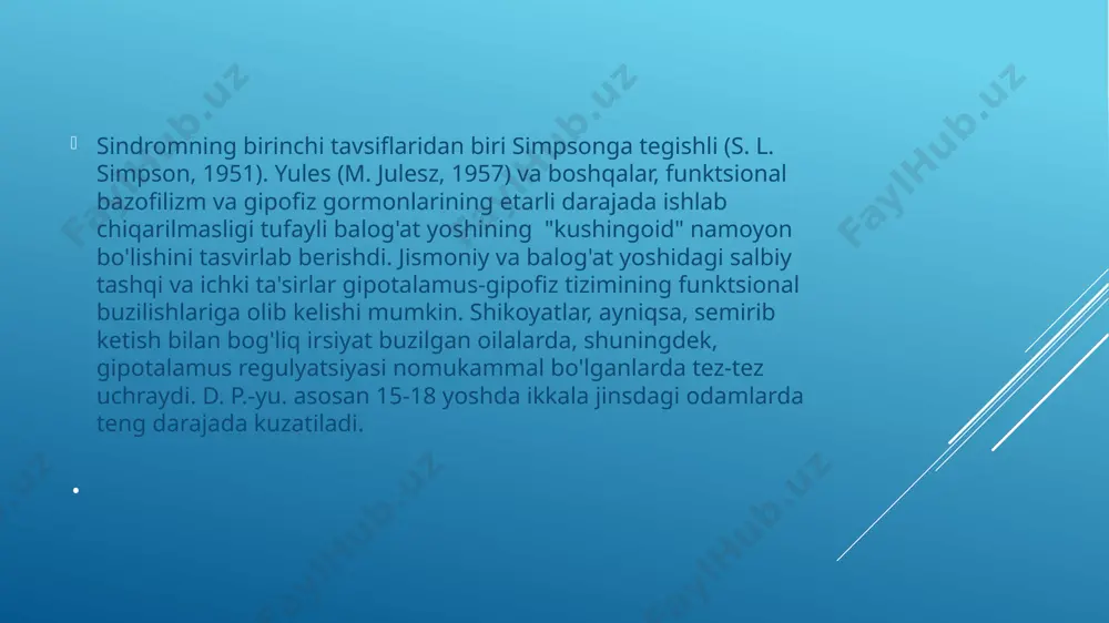 shadi va ko'pincha haqiqiy yoshdan oldinda; pnevmosuprarenorentgenografiya buyrak usti bezlarining normal soyalarini aniqlaydi. davolash ba'zi hollarda d. p.-yu belgilari.o'z-o'zidan yo'qoladi. og'ir semirish bilan davolanishni kasalxonada boshlash yaxshidir. 80-90 g protein, 70-80 g yog', 80-120 g uglevodlarni o'z ichiga olgan past kaloriya dietasi (86-jadval) tavsiya etiladi; kilokaloriyalarning umumiy soni 1200-1500. shu bilan birga, haftada uch kun ro'za tutish (500-800 kkal) buyuriladi. . dori - darmonlardan anorektik vositalar (despimon, fepranon) qisqa vaqt davomida tavsiya etiladi, haftada 1-3 marta diuretiklar, bir vaqtning o'zida kaliy asetat yoki veroshpiron buyuriladi (10-15 kun davomida har kuni 100-200 mg). tiroid gormonlari vazn yo'qotishni kuchaytiradi va bemorlar triiodotironinning muhim dozalariga (30-50 mkg) toqat qiladilar, bu esa qalqonsimon bez gormonlarining semirishida periferik to'qimalarda etishmovchilik g'oyasiga mos keladi. . eng semiz bemorlarga 20 kun davomida kuniga 50-100 dona yog ' - mobilizatsiya qiluvchi adipozin preparati ham buyuriladi. jinsiy etishmovchilikning engil alomatlari bo'lgan yoshlarda ham choriogonin haftasiga 2-3 marta 1500 dona …
