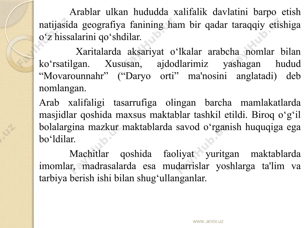otasi dunyodan o‘tadi va onasining qo‘lida qoladi. 16 yoshida onasi va akasi ahmad bilan birga hajga borib, 4 yil makkada yashagan. yo‘l-yo‘lakay balx, basra, kufa, bag‘dod, xums, damashq, misr, makka va madina singari ko‘plab shaharlardagi hadisshunos olimlardan saboq oladi. bu paytda u mashhur muhaddislar abdulloh ibn muborak va boshqalarning hadis to‘plamlarini to‘lig‘icha yod olib ulgurgan edi. buxoriy 18 yoshga kirganda bir qator yirik ilmiy asarlar muallifi edi. uning ustozlaridan shayx doxiliy shogirdining quvvai hofizasiga, bahslashish mahoratiga, dalillarni keltirishdagi izchil mantig‘iga ko‘p marta qoyil qolgan, tan bergan va uni olqishlagan edi. buxoriy islom mamlakatlarini kezib, jami 600 ming hadis yozib olgan. al-buxoriy umrining so‘nggn kunlarini samarqand yaqinidagi xartang qishlog‘ida o‘tkazadi va hijriy 256 (milodiy 871) yilda vafot etadi. asarlari: «al-jomi’ as-sahih» («ishonarli to‘plam»), «al-adab al-mufrad» («adab durdonalari»), «kitob asmo’ is-sahobi», «kitob af’ol il-ibod», «kitob ul-favoid», «at-tarix al-kabir», «tarixi us-siqot vazzuafomin ruvotil-hadis», «qazoyi as-sahabat vat-tobe’ini», «tarixi kabir», «tarixi buxoro» va boshqalar. 15 …