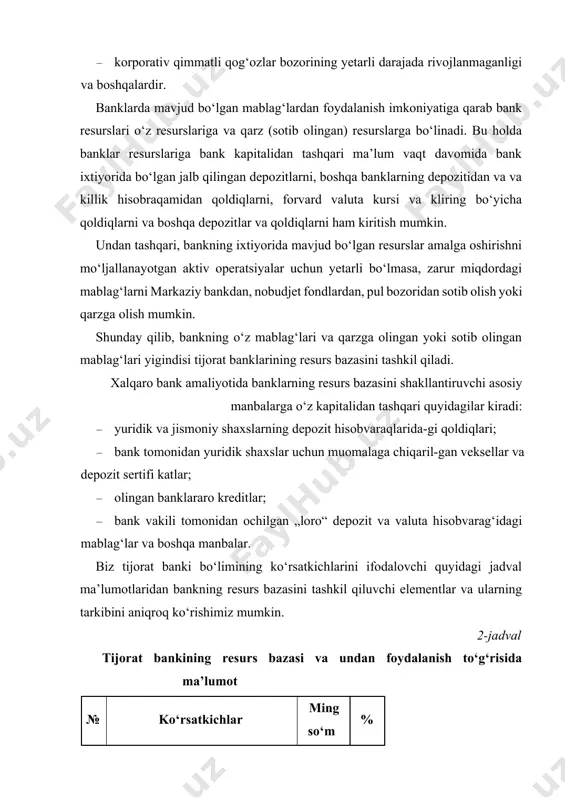0 h/v) 1614 0,3 4 boshqa banklarning depozitlari va vakillilik schotidagi qoldiq (21000 h/v) 0 2-jadvalning davomi 5 chiqarilgan qimmatli qog‘ozlar (23600 h/v) 0 6 forvard – valuta kursi (22800 h/v) 0 7 boshqa majburiyatlar (29800 h/v – 29830 h/v) 1259 0,2 8 kliring transaksiyalari (23200 – 23204, 23208, 23210, 23212, 23218, 23220 h/v.lar) 0 9 boshqa passivlar (22200-q, 23220 h/v) 30206 4,4 10 bankning jami o‘z ixtiyorida bo‘lgan resurs bazasi (1+2+3+4+5+6+7+8+9 qatorlar) 397198 58,2 11 sotib olingan resurslar – jami: (21600+21800+22000 h.v) shu jumladan: 285674 41,8 markaziy bankdan (21602, 21802, 22002 h/v) 187333 27,4 moliya vazirligidan (21610, 22010 h/v) 57911 85 banklararo pul bozoridan (21606, 21806 h/v) 0 nobudjet fondlardan (21605, 21805, 22005 h/v) 0 12 hukumat hisobvaraqlari (23400 h/v) 40430 59 13 bankning jami resurs bazasi (10-, 11-, 12-qatorlar) 682872 100 jadval ma’lumotlari shuni ko‘rsatdiki, tijorat banki resurs bazasining 33,1 %i bankning o‘z mablag‘lari, ya’ni bank kapitali va …