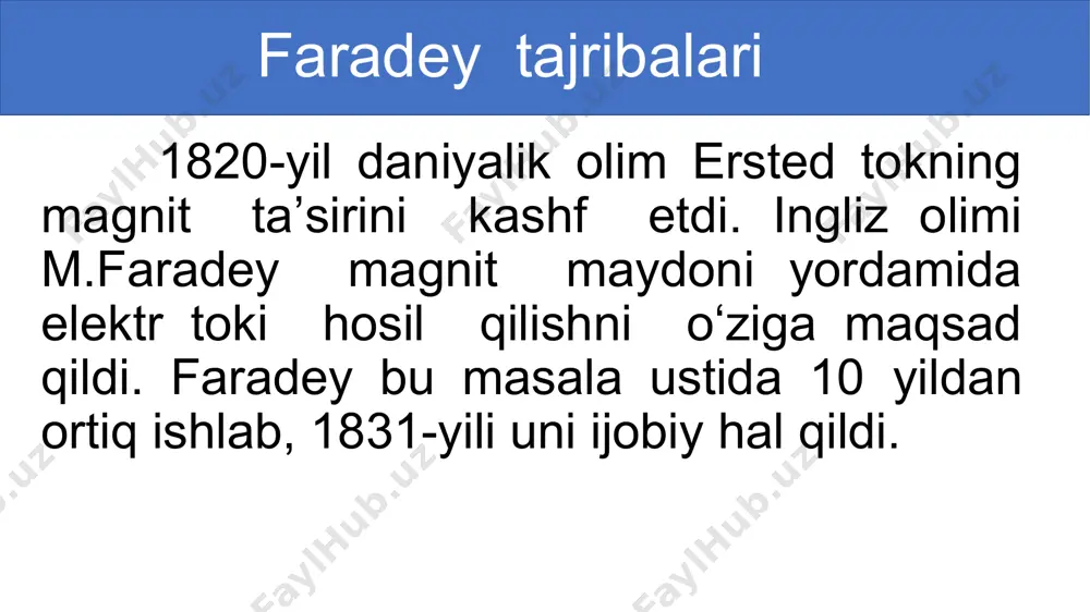 v ℰ 2-mashq 3-masala 37-bet magnit oqimining o‘zgarish tezligi 0,15 wb/s bo‘lganda, g‘altakda 120 v eyuk hosil bo‘lsa, g‘altakdagi o‘ramlar soni nechta bo‘lgan? berilgan: formula: yechish: ℰ=120 v =0,15 wb/s = n==800 topish kerak:n javob: n mustaqil bajarish uchun topshiriqlar 1. qanday hodisaga elektromagnit induksiya hodisasi deyiladi? 2. elektr yurituvchi kuch deb qanday kattalikka aytiladi? 3. elektromagnit induksiya qonunini ta’riflang. 4. 2- mashq 2- masala 37-bet. image1.png image2.jpg image3.png image4.png image3.jpeg media1.mp4 image5.png media2.mp4 image6.png media3.mp4 image7.png image8.png image9.png /docprops/thumbnail.jpeg