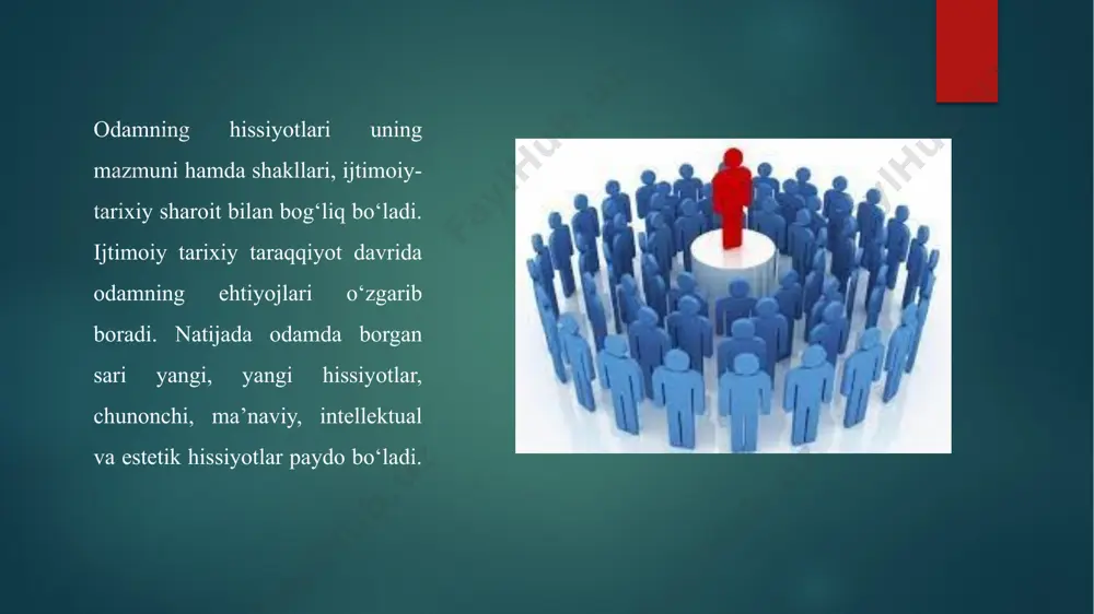 terlab ketadi, tomog‘iga nimadir tiqilib, gapini gapira olmay qoladi. odamda qattiq qo‘rqish paytida «yuragi orqaga tortib ketdi», «sovuq ter bosib ketdi» kabi iboralarning ishlatilishi hissiyot paytida odamning ichki a’zolarining ishtirok etishidan dalolat beradi. ayrim murakkab hissiyotlarning asosida dinamik streotipning yotishi yaqqol ko‘rinadi. masalan, estetik hissiyotni oladigan bo‘lsak, biron yoqimli ko‘ydan lazzatlanish, yoki biron mashhur rassomning ishlagan ajoyib suratlarini tomosha qilib, rohatlanish estetik hissiyot hisoblanadi. agar bu hissiyotlarning nerv-fiziologik asoslarini tahlil qiladigan bo‘lsak, quyidagilarni ko‘rishimiz mumkin. adabiyotlar ro’yxati shamshetova a.k., melibayeva r.n., usmanova x.e., xaydarov i.o. umumiy psixologiya, o’quv qo’llanma. toshkent, 2018 y. 2. ғозиев э.ғ. умумий психология. –тошкент: ўзбекистон файласуфлари миллий жамияти. 2010 й. 3. реан а.а., бордовскайа н.в., психология и педагогика, учебник. питер. 2010 г. 4. умаров б.м., шойимова ш.с., ро'зийева д.и. педагогика.психология, дарслик. тошкент. 2019 image6.png image7.png image8.png image9.png image10.png image11.png image12.png image13.png image14.png image15.png image16.png image17.png image18.png image19.png image2.png image3.png image4.png image5.png /docprops/thumbnail.jpeg