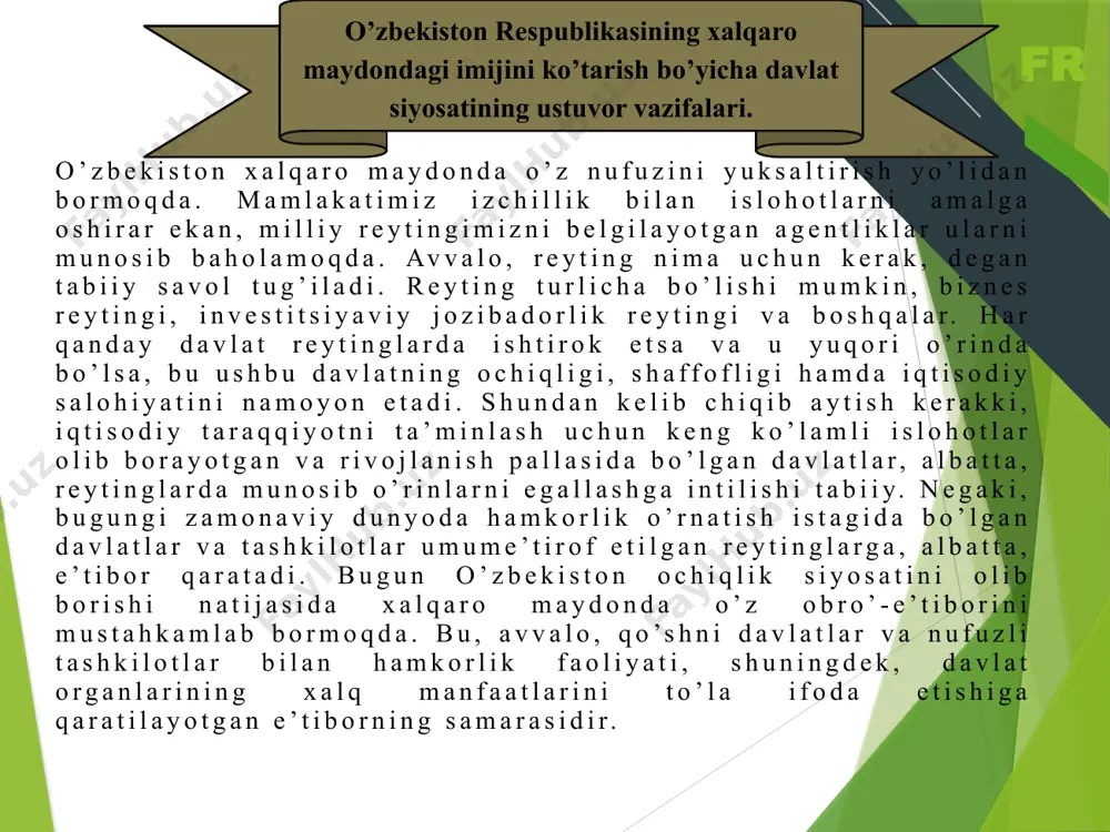 kiritilgan. o’zbekiston respublikasining xalqaro reyting va indekslardagi sohalar bo’yicha ko’rsatkichlari 9 jahon bankining o’zbekistondagi doimiy vakili xideki morining ta’kidlashicha reytinglarning fikrlash ozuqasi – bu raqamlardir. turli xalqaro reyting agentliklarining baholash uslubi turlicha. ammo shu o’rinda aytish lozimki, barcha reyting agentliklarining xulosalari ham aniq emas. uning ta’kidlashicha, jahonda sanoqli xalqaro reyting agentliklari to’g’ri reyting yuritadi. bular garvard, moody’s, fitch va standard & poor’s kabi agentliklardir. jumladan, so’nggi to’rt yil mobaynida mamlakatimiz meros jamg’armasining «iqtisodiy erkinlik» indeksida 52 pog’onaga, jahon bankining «logistika samaradorligi» indeksida 19 pog’onaga, «biznes yuritish» indeksida 18 pog’onaga ko’tarildi. o’zbekiston iqtisodiy hamkorlik va taraqqiyot tashkilotining «mamlakatlarga xos xatarlarni tasniflash» tizimidagi 6-guruh mamlakatlari qatoridan 5-guruh mamlakatlari qatoriga ko’tarildi. fr 10 10 o’zbekiston respublikasining xalqaro reyting va indekslardagi o’rnini ko’tarish bo’yicha amalga oshirilayotgan chora-tadbirlar. prezidentimizning 2019 yil 7-martdagi “xalqaro reyting va indekslarda o’zbekiston respublikasining o’rnini yaxshilashga oid chora-tadbirlarni tizimlashtirish to’g’risida”gi pf–5687-sonli farmoni ayni maqsadlarni ko’zlaydi.farmonga muvofiq hozirda o’zbekistonda turli sohalarida jahon …