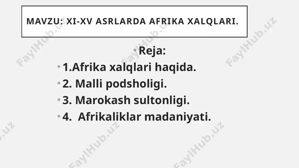 oʻzaro ichki nizolar natijasida m. tanazzulga uchray boshlagan, 16-asrda m. songan davlatiga qaram boʻlib qolgan. mali hududidan neolit davriga mansub madaniyat yodgorliklari topilgan (kryalarga bitilgan yozuvlar, gʻor devorlariga ishlangan ov, urush manzaralari hamda raqslar tasvirlangan rasmlar va boshqalar). qishloqlarda kulbalar somonli loy („banko“)dan doyra shaklida, sinchli, derazasiz, kulohsimon va tomi kamishdan; shaharlarda toʻgʻri burchakli qilib quriladi, 788-yilda, shimoliy afrikani arablar bosib olganidan qariyb bir asr o‘tib, marokashga bir qator musulmon sulolalari hukmronlik qilishdi. xvi asrda sa’diylar sulolasi, ayniqsa, sulton ahmad al-mansur davrida (1578-1603) xorijlik bosqinchilarni qaytardi, usmonlilar yordamida 1578-yilda vadiseyl jangida g‘alaba qozonildi va oltin davr boshlandi. hozirgi marokash qirollik oilasi ham a’zo bo’lgan alaviylar sulolasining ildizlari xvii asrga borib, muhammad bin abdullohga borib taqaladi. marinidlar sulolasi 13-asrda fez shahrini poytaxt qilib, madaniyat va ilm-fan rivojiga katta hissa qo‘shdi. ularning o‘rniga kelgan vattosiylar sulolasi esa 15-asrda shimoliy marokashni boshqargan bo‘lib, 1554-yilda saadiylar tomonidan ag‘darilgan. 1860- yilda ispaniyaning marokashning shimoliga bostirib …
