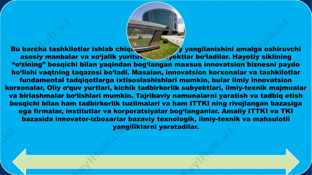 jarayonlar tadbirlarini tartibga soluvchi tashkiliy tuzilmalar sifatida tushunish kerak . innovatsiyalarni tashkil qilish o‘z ichiga uchta asosiy jihatlarni oladi : - innovatsion faoliyatning yangiliklarini ishlab chiqish , tadbiq etish va ishlab chiqarishni birgalikda amalga oshiruvchi odamlarning birlashmasi bo‘lgan subyektni ; - tashkilotning innovatsion faoliyatdagi zaruriy vazifalarni bajarishga qaratilgan jarayonlari va harakatlarining majmuasini ; - tizimni ichki tartibga solinganligi va uning elementlari tizimchalari o‘rtasidagi o‘zaro aloqalarni taomillashuvini ta’minlovchi tuzilmalarni . ushbu nuqtai nazardan innovatsiyalarni tashkil qilishni innovatsion faoliyatni tartibga solish jarayoni sifatida , subyekt , firma , institut , innovatsion korxona sifatida , bo‘linmalarning tarkibi va o‘rnini belgilab beruvchi , hamda innovatsion faoliyatda amalga oshiriladigan shakllar , usullar , jarayonlar tadbirlarini tartibga soluvchi tashkiliy tuzilmalar sifatida tushunish kerak . tashkilot firma nuqtai nazaridan odamlarning birlashmasi yoki innovatsiyalarni amalga oshirish bo‘yicha ishlarni bajarish haqidagi ularning kelishuvi sifatida ko‘rib chiqilishi mumkin. turli xildagi elementli va turli o‘lchamlardagi firmalar, kompaniyalar, assotsiatsiyalar, oo‘yu, ilmiy institutlar, …