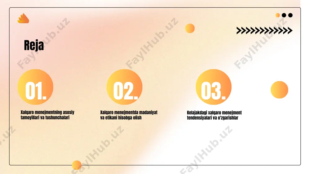 siyasini kuchaytiradi. menejmentning tushunchalari xalqaro menejment tushunchalari xalqaro menejment, turli mamlakatlar o'rtasida resurslarni boshqarish jarayonidir. masalan, multinatsional kompaniyalar global bozorlarni o'z ichiga olgan holda, mahsulotlarini mahalliy sharoitlarga moslashtirishlari kerak. global menejment jarayonlari global menejment jarayonlari kompaniyalararo hamkorlik va bozor integratsiyasini o'z ichiga oladi. bu jarayonlar strategik rejalashtirish va risklarni boshqarishni talab qiladi. misol uchun, kompaniya mahalliy marketing strategiyasini ishlab chiqishi lozim. xalqaro menejmentda innovatsiyalar xalqaro menejmentda innovatsiyalar muhim rol o'ynaydi. ular kompaniyalarni yangi mahsulotlar va xizmatlar yaratishda yordam beradi, bu esa bozorda o'z o'rnini mustahkamlashga imkon beradi. innovatsiyalar, shuningdek, jarayonlarni optimallashtirish va xarajatlarni kamaytirish orqali samaradorlikni oshirishga yordam beradi. buning natijasida kompaniyalar raqobatbardoshligini oshiradi, chunki innovatsiya orqali yangi texnologiyalarni qo'llash, mijozlar ehtiyojlarini yaxshiroq qondirish va yangi bozor segmentlariga kirish imkoniyatlari yaratiladi. misol uchun, korxonalar yangi raqamli texnologiyalarni joriy etish orqali xizmat ko'rsatish sifatini oshirishi va xarajatlarni kamaytirishi mumkin. shu bilan birga, innovatsiyalar orqali yangi biznes model va strategiyalar ishlab chiqish, …