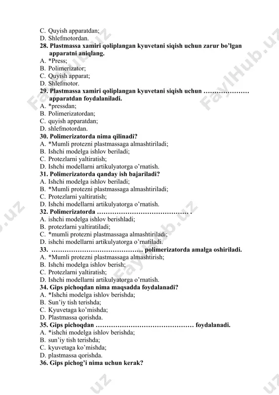 ish. 34. gips pichoqdan nima maqsadda foydalanadi? a. *ishchi modelga ishlov berishda; b. sun’iy tish terishda; c. kyuvetaga ko’mishda; d. plastmassa qorishda. 35. gips pichoqdan ……………………………………… foydalanadi. a. *ishchi modelga ishlov berishda; b. sun’iy tish terishda; c. kyuvetaga ko’mishda; d. plastmassa qorishda. 36. gips pichog’i nima uchun kerak? a. *ishchi modelga ishlov berish uchun; b. sun’iy tish terish uchun; c. kyuvetaga ko’mish uchun; d. plastmassa qorish uchun. 37. ………………………………… gips pichog’ida amalga oshiriladi? a. *ishchi modelga ishlov berish; b. sun’iy tish terish; c. kyuvetaga ko’mish; d. plastmassa qorish. 38. tish texnikligi labaratoriyasidagi havoni tozalash maqsadida qanday moslama o’rnatilgan bo’lishi kerak? a. *ventilyatsion shkaf; b. eshik; c. deraza; d. darcha. 39. tish texnikligi labaratoriyasidagi havoni tozalash maqsadida ……………… o’rnatilgan bo’lishi kerak. a. eshik; b. *ventilyatsion shkaf; c. deraza; d. darcha. 40. tish texnikligi labaratoriyasidagi havoni tozalash maqsadida qanday moslama o’rnatilishi kerakligini aniqlang. a. eshik; b. deraza; c. *ventilyatsion shkaf; d. darcha. …