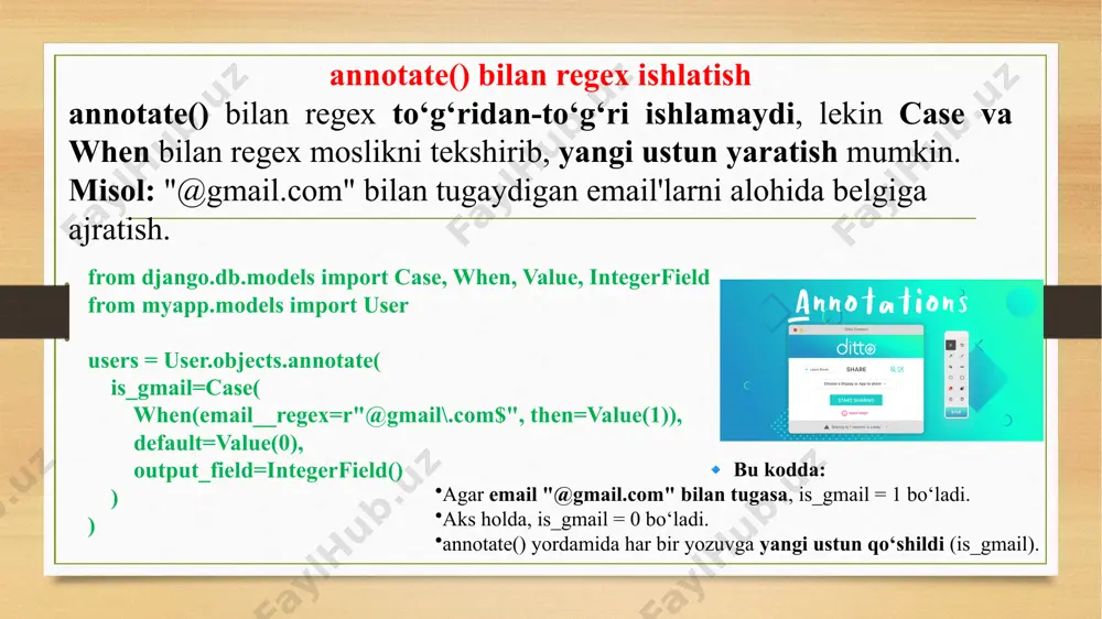 nish. --- django testlarida regex asosida natijalarni tekshirish. django testlash tizimi unittest kutubxonasiga asoslangan bo‘lib, assertregex() metodi yordamida matn ichida regex orqali ma’lum naqshlarni (pattern) tekshirish mumkin. bu metod test sinflari (testcase) ichida ishlatiladi va so‘rov javoblari, log ma’lumotlari yoki foydalanuvchi kiritgan ma’lumotlarni tekshirish uchun ishlatiladi. assertregex() metodiga umumiy tushuncha assertregex(string, pattern, msg=none) 📌 parametrlari: string → tekshirilayotgan matn. pattern → regex (muntazam ifoda) orqali tekshiriladigan naqsh. msg (ixtiyoriy) → agar test muvaffaqiyatsiz bo‘lsa, chiqadigan xabar. 📌 ishlash tamoyili: agar string ichida pattern topilsa, test o‘tadi. agar pattern mos kelmasa, test muvaffaqiyatsiz tugaydi. assertregex() ni django testlarida ishlatish misol: url manzildan foydalanuvchi id ajratish agar url manzil ichida id faqat raqamlardan iborat bo‘lishi kerak bo‘lsa, assertregex() yordamida tekshiramiz: from django.test import testcase class urlpatterntest(testcase): def test_user_id_in_url(self): url = "/profile/12345/" self.assertregex(url, r"/profile/\d+/", "url noto‘g‘ri formatda!") ✅ test muvaffaqiyatli o‘tadi, chunki "12345" raqamdan iborat. agar url = "/profile/abc/" bo‘lsa, test muvaffaqiyatsiz bo‘ladi, …