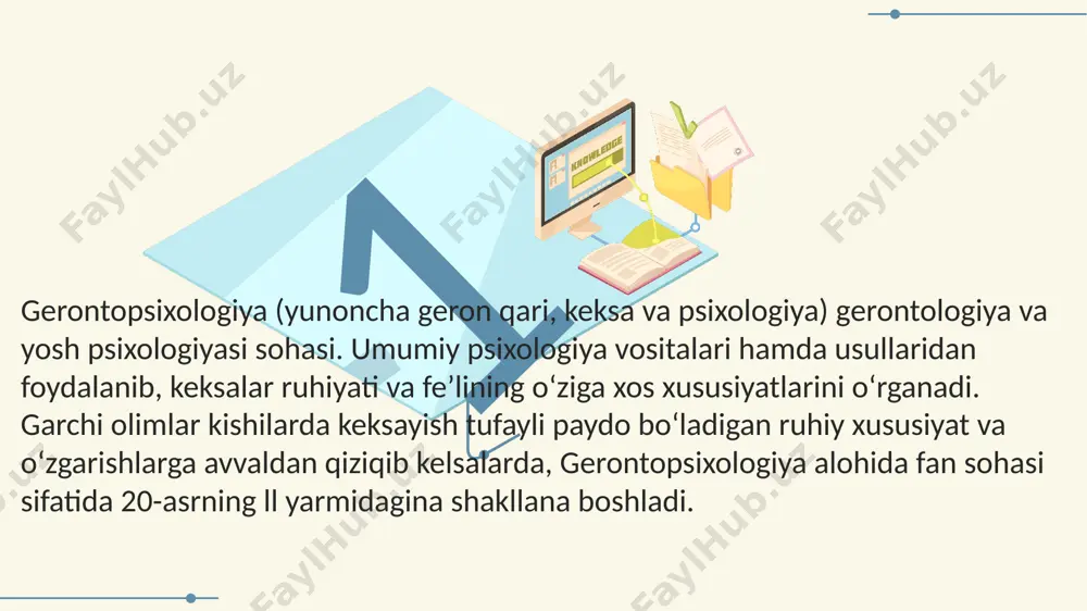 cha bo`lgan keksalarda xotira ( mexanik xotira) zaiflashadi; 2. 70 dan 80 gacha bo`lgan keksalarda mantiqiy-ma`noli xotirada miqdorning ahamiyati saqlanadi; 3. obrazli xotira zaiflashadi; 4. 70 -89 gacha yoshlarda xotiraning barqarorlik negizida ma`noning ichki aloqadorligi yotadi; 5. uzoq muddatli xotira kuchsizlanadi; 6. 90 yoshda nutqning ichki bog`lanishi buziladi; 7. xotiraning obrazli-hissiy turlari nutqning tuzilishiga bo`ysunmay qoladi. gerontopsixologiyaning asosiy vazifasi - kishilarning qariganda ham bardam , tetik yashashiga yordam beradigan vositalarni izlab topishdir. inson qarigan paytida aqlan zaiflik va organizmning ba'zi a'zolarining ishlash faoliyatida sustlik hamda harakatlanishda sustlik kuzatiladi image1.png image2.png image3.png image4.png image5.png image6.png image7.png image8.png image9.png image10.png image11.png image12.png image13.png image14.png image15.png image16.png image17.png