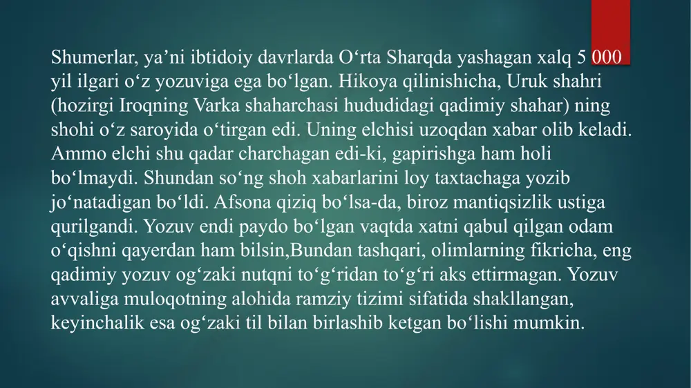 srlardan boshlab oramiy alifbosiasosida, uning harflarini mahalliy tillar fonetikxususiyatlarini ifodalashga moslashtirilgan mustaqilalifboli 14 yozuvlar paydo bo‘ldi. bular parfiyoniy,xorazmiy, sug‘diy, oramiyboxtariy yozuvlari edi.keyinchalik bu o‘lkalarda, xususan, hindistondaoramiy asosida paydo bo‘lgan kxaroshtxi, braxmiyozuvlari ham tarqalgan. boxtar o‘lkasida esayunon-boxtar davlati amal qilgan mil.avv. iii asro‘rtalaridan i asr o‘rtalarigacha yunon yozuvi amalqilgan edi. milodiy i asrda kushon podsholiksulolasi vakili kanishka davrida yunon yozuvinimahalliy boxtar tiliga moslashtirib yunon-boxtaryozuviga asos solindi. bu yozuv arab istilosidavrlariga qadar amal qildi. ayniqsa, uning tezkorravon usuli eftaliy yozuvi deb shartli ravishdaatalgan davri ham bor.markaziy osiyoning qadimiy yozuvlarioramiy alifbosini davom ettirganlari sababli o‘shaajdod alifbodagi kabi 22 harfli belgilar tizimidaniborat bo‘lgan: alif, beyt, gimal, dalet, ha, vav, zayn,xet, tet, yoy, kof, lom, mim, nun, se, a’yn, pe, tsadde,qof, resh, shin, tau – bular oramiy harflariningan’anaviy “nomlari”. asli bularning o‘zi kan’oniy(finikiy) yozuvining davomida paydo bo‘lgan.holbuki, hali hanuz ushbu sal kam 3500 yillikqadimiy alifbo tizimlarining nomlari zamonaviyalifbo tizimlarining tartibida, ba’zi siljishlarnie’tiborga olmasak, saqlanib kelmoqda: …