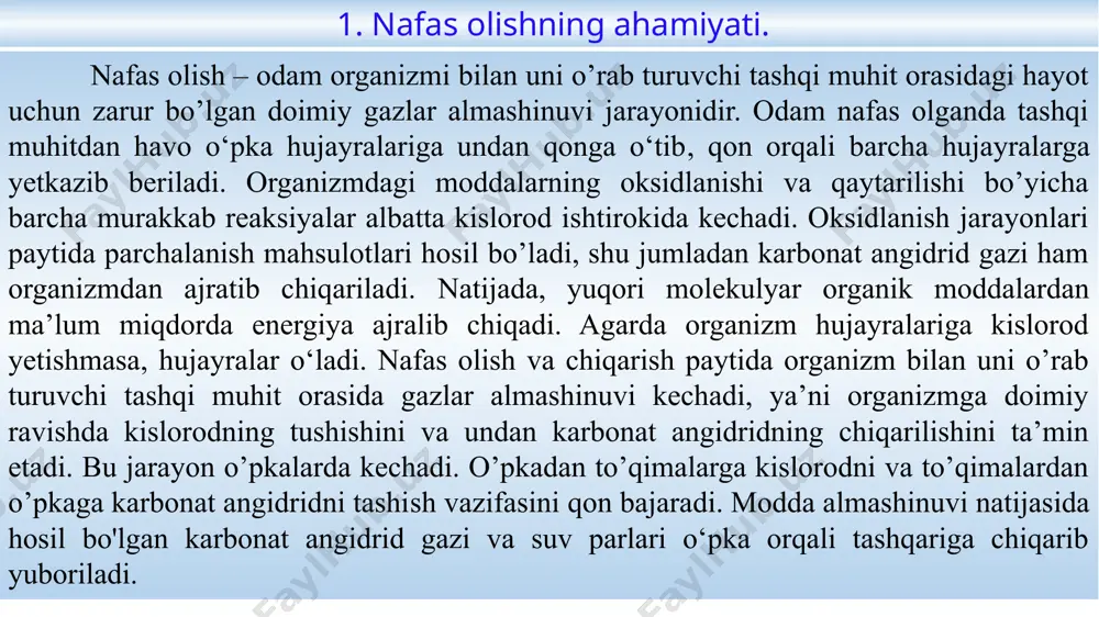 kirishidan himoya qilib turuvchi tukchalar joylashgan. burun bo‘lig‘i suyak tog‘aylaridan tuzilgan bo‘lib, peshona suyagining ichki yuzasi silliq qavat bilan qoplangan. uning pastki, yuqorigi va ikki yon devori bor. burun bo‘shlig‘i to‘siq yordamida ikkiga bo’linadi. burun bo’shlig’ining shilliq qavati qalin qon tomirlari bilan ta’minlangan va ko’p qavatli hilpildoq epiteliy bilan qoplangan. epiteliylarda shilliq ajratuvchi bezchalar joylashgan. shilliq esa nafasga olinayotgan havo bilan kirgan chang zarrachalari bilan birgalikda kiprikchalarning hilpillovchi harakatlari bilan chiqarib tashlanadi. burun bo’shlig’ida nafasga olinayotgan havo isitiladi, qisman chang zarrachalaridan tozalanadi va namlanadi. burun bo’shlig’i orqa tomondan teshik orqali – xaonlar – hiqildoq bilan tutashgan bo’ladi. hiqildoq va uning yosh xususiyatlari. hiqildoq halqumning oldi, bo'yining oldingi qismida, til osti suyagining ostida joylashgan. hiqildoq asosan, qalqonsimon, uzunsimon, cho'michsimon, hiqildoq ustligi, shoxsimon va ponasimon tog‘aylardan tuzilgan. hiqildoqda tovush apparati joylashgan. tovush naychalari orasidagi bo’shliq tovush oralig’i deyiladi. shunday qilib, hiqildoq faqatgina halqumni kekirdak bilan bog’lamay, balki nutq funksiyasida ham ishtirok etadi. …