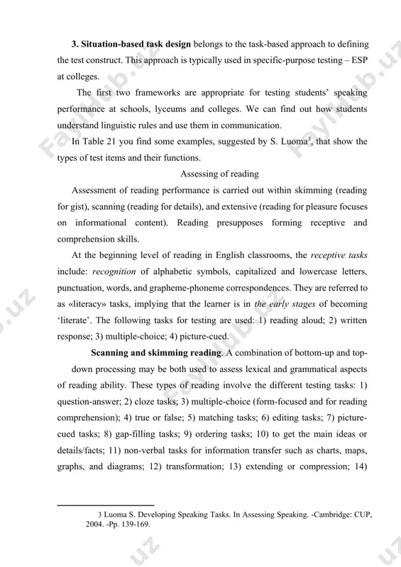 dentifying the stages and arguments; identifying examples in support of the argument in topic sentence. micro-skills for testing can be: identifying referents of pronouns; infer the meaning of words using the text as a context; understanding the structure. assessing of written work writing involves content, organization, style, syntax, mechanics, grammar and spelling. it was pointed out that «if we limit our feedback to pointing out or correcting errors, our students will concentrate on producing error-free writing, neglecting the interest or even the meaning of the content. the equation teaching writing – error elimination is counterproductive»[footnoteref:4]. so it is necessary to conduct feedback in fair balance of content feedback and form feedback. [4: balan r., cehan a. & et.al. in-service distance training course for teachers of english. -romania: polirom, 2003. - p. 201. ] the experienced teachers consider that teachers should ignore the language mistakes that do not hinder learning, so …