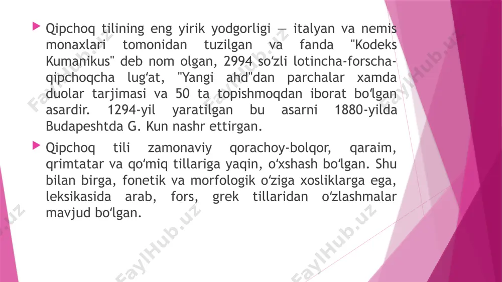 tamg‘a, muhr”) singari. muallif turkiy singarmonizm to‘g‘risida yaxshi ma’lumot bergan. u jumla va uning tuzilishi to‘g‘risida so‘z yurita turib shunday yozadi: “jumla ikki xil: ismli jumla, fe’lli jumla bo‘lishi mumkin. mavsul zarfda va majrurlarda -gi, -qi, -ki, -gi qo‘shimchalari bilan ifodalanadi. bu qo‘shimchalar bir xil ma’noda bo‘lib, -gi va -qi qalin so‘zlarda, -ki va -gi ingichka so‘zlarda keladi”. asarda zarflar misoliga qatimdagi, qatimizdagi, qatindagi, qat'iq'izdag'i singari, majrur holda kelganlar misoliga esa oydagi, bazardagi, sanaqdagi so‘zlari keltirilgan (azft,110). masdar to‘g‘risida fikr yuritganda ham ayni masalaga to‘xtalib o‘tadi: “masdarning belgilari ko‘pdir. ulardan biri qalin so‘zlarda -maq, ingichka so‘zlarda -mak shaklini qo‘shish orqali yasaladigan turidir,” - deb yozadi muallif. bunga o‘rnak qilib almaq, turmaq, ketmak, kelmak so‘zlarini ko‘rsatgan (azft,117). “kitob-i majmu-i tarjumon-i turkiy va ajamiy va mug‘aliy” yoki “tarjumon” asarining o’ziga xosligi mamluklar davlatida (1250-1517) turk sultonlarining yurtga egaligi tufayli turkiy tilga e’tibor katta edi. bu kezlarda arablarning turkiy tilni o‘rganishi uchun grammatik …