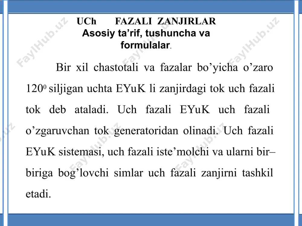 ng yoki faza toki iste’molchilarning bosh uchidan umumiy oxirgi tarzda if uchiga bilan yo’nalgan tok bo’lib belgilanadi. liniya toki liniya simlaridan o’tayotgan tok bo’lib umumiy xolda ia bilan belgilanadi. uch fazali generatorlarning chulg’amlari, uch fazali generatorlarning fazalari o’zaro yulduz va uchburchak usullarda ulanadi. uch fazali zanjiriga oid masala. liniya kuchlanishi 220 v bo’lgan to’rt simli uch fazali manbaga fazalarning aktiv va induktiv bo’lgan iste’molchilar qarshiliklari quyidagicha yulduz usulda ulangan (1– rasm a). ra = 3 ом, ха = 4 ом, rb = 3 ом, хв =5,2 ом, rc = 4 ом, хс =4ом. faza va nol simdagi toklar, butun sistemaning aktiv va reaktiv quvvatlari aniqlansin, xamda tok va kuchlanishlar vektor diagrammasi qurilsin. masalaning echilishi. 1. faza kuchlanishini aniqlaymiz: u ф  220  127b 3  u л 3 2. xar bir fazaning to’la qarshiligini aniqlaymiz: z  r 2  x 2 c c c z  r 2 …