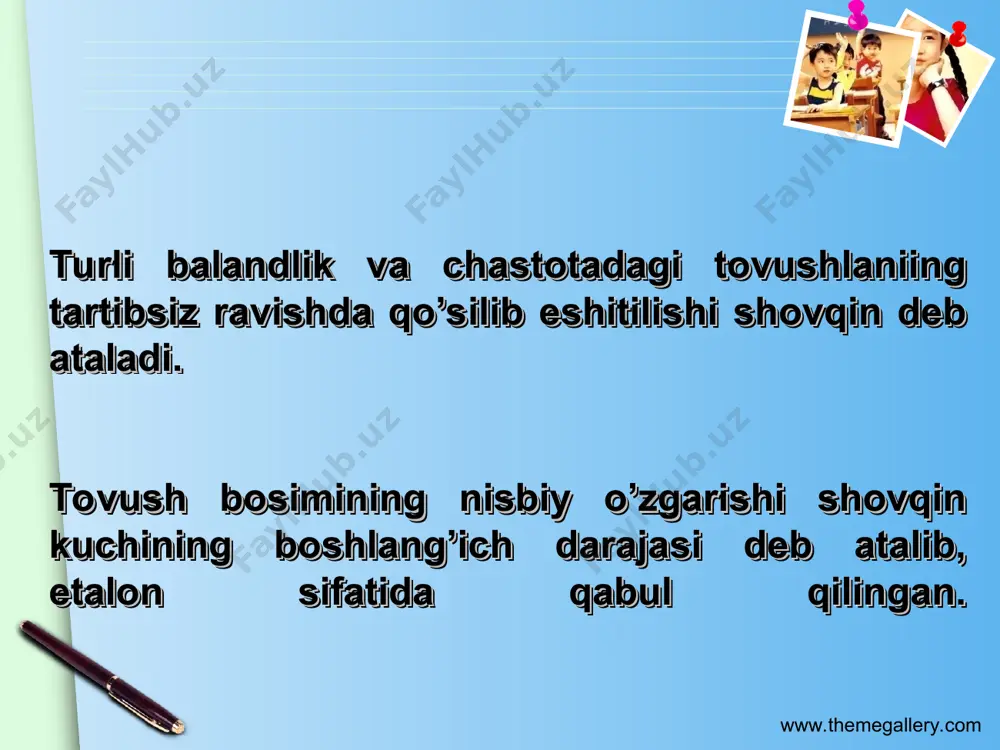 85 db doimiy, juda baland qichqiriq, shuningdek, susturuculu mototsiklda; 90 db juda shovqinli, bir nechta baland qichqiriqlar bilan o'ralgan. yetti metr narida yuk vagonining ovozi; 95 db juda shovqinli. vagon tashqarisida yoki ichida metro vagon; 100 db juda shovqinli. momaqaldiroq roliklari. heavy metal kontserti. ushbu chegara pleerning minigarnituralari uchun ruxsat etilgan maksimal ovoz bosimidir; 105 db juda shovqinli. yigirmanchi asrning 80-yillarigacha samolyotlarning tovush xarakteristikasi; 110 db vertolyot; 115 db sandblaster, bir metrdan ortiq masofada bolg'acha; 120 db sandblaster, bir metrdan kam masofada bolg'acha; 125 db deyarli chidab bo'lmas. samolyot boshida; 130 db og'riq chegarasi; 135 db kontuziya; 140 db chayqalish. bir metr narida havoga ko‘tarilgan reaktiv samolyotning ovozi; 145 db kontuziya. raketa uchirilishi; 150 db kontuziya, natijada o'rtacha jarohatlar; 155 db kontuziya, og'ir jarohatlar bilan; 160 db shok, miya chayqalishi, o'ta og'ir jarohatlar. ovozdan tez uchadigan samolyotning zarba to'lqini; 160 db - 200 db quloq pardasi va o'pkaning mumkin bo'lgan …