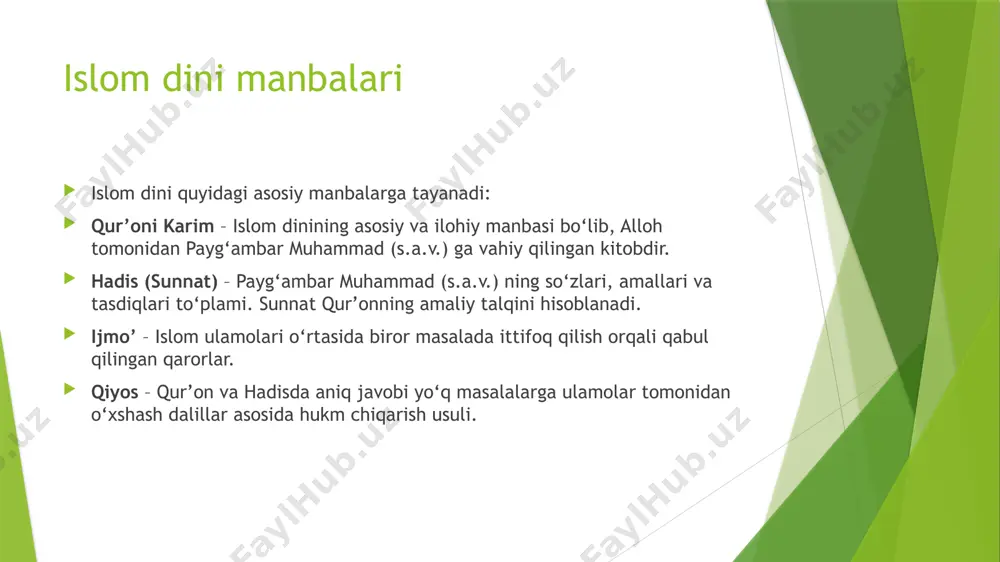 ) qiyos – qur’on va hadisda aniq dalili bo‘lmagan yangi masalalarga ilgari mavjud bo‘lgan diniy hukmlarga o‘xshashlik asosida qaror chiqarish usulidir. masalan, spirtli ichimliklarning haromligi qur’onda aniq bayon qilingan. shu asosda, qiyos usuli bilan narkotik moddalar ham harom deb hisoblanadi aqidaviy maktablar sunniy aqidaviy maktablar aqida – islom e’tiqodining asosi bo‘lib, musulmonlarning allohga, payg‘ambarlarga, oxirat kuniga va boshqa islomiy e’tiqod asoslariga bo‘lgan qarashlarini ifodalaydi. islom tarixida turli aqidaviy maktablar paydo bo‘lgan bo‘lib, ularning eng mashhurlari quyidagilardir: sunniylik islom dunyosining eng katta yo‘nalishi bo‘lib, quyidagi ikkita asosiy aqidaviy maktabni o‘z ichiga oladi: ash’ariya imom abu hasan al-ash’ariy (873-935) tomonidan asos solingan. aql va vahiy (qur’on va sunnat) muvozanatiga asoslanadi. allohning sifatlari mavjud, ammo ularni to‘liq tushunib bo‘lmaydi. inson erkin irodaga ega, ammo baribir allohning taqdiri ustundir. moturidiylik imom abu mansur al-moturidiy (853-944) tomonidan asos solingan. hanafiy mazhabidagi musulmonlar orasida keng tarqalgan. aqlning roli ash’ariylikka qaraganda kattaroq. allohning sifatlari abadiy va doimiy …