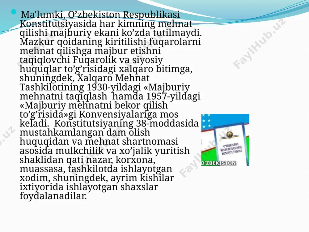 yoshgacha bo’lgan o’quvchilar uchun ham ana shunday qisqartirilgan ish vaqti belgilangan dam olish vaqti xodim mehnat vazifalarini bajarishdan xoli bo’lgan va bundan o’z ixtiyoriga ko’ra foydalanishi mumkin bo’lgan vaqt hisoblanadi. dam olish vaqti ish kuni davomidagi tanaffuslar, ish kuni (smena) oralig’idagi dam olish vaqti, haftalik uzluksiz dam olish, bayram kunlari, ta'tillar kabi turlarga bo’linadi. mehnat kodeksining 127-moddasiga muvofiq, xodimlarga dam olish va ovqatlanish uchun ish kuni (smena) davomida tanaffus beriladi va bu tanaffus ish vaqtiga kirmaydi. tanaffus, odatda, ish boshlangandan keyin uzogi bilan to’rt soatdan keyin beriladi. tanaffus muddati va uni berish vaqti ichki mehnat tartibi qoidalarida, smena grafiklarida yoki xodim bilan ish beruvchi o’rtasidagi kelishuvga binoan belgilanadi. ta'til quyidagi xodimlarga ularning xohishi byicha olti oy o’tmasdan oldin beriladi: ayollarga — homiladorlik va tug 'ish ta 'tili oldidan yoki keyin; birinchi va ikkinchi guruh nogironlariga; 18 yoshga to 'imagan shaxslarga; muddatli harbiy xizmatdan zaxiraga bo 'shatilgan va ishga joylashgan harbiy …