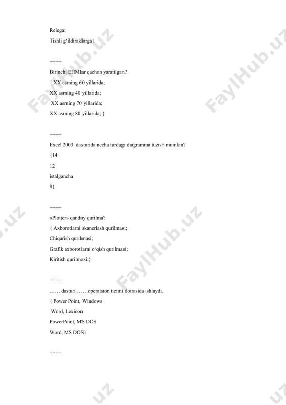 ‘rli) modellar tarmoqli(to‘rli) va relyatsion modellar rastrli, vektorli va frontal modellar} ++++ ma’lumotlarni chop etuvchi qurilma qaysi? {modem skaner printer kolonka} ++++ ma’lumotlarni kiritish qurilmasi nima uchun mо‘ljallangan? { ma’lumotlarni qayta ishlash uchun; ma’lumotlarni saqlash uchun; ma’lumotlarni foydalanuvchidan mashinaga jо‘natish uchun; algoritmlarni qayta ishlashni amalga oshirish uchun} ++++ matn muharrirlari to‘g‘ri keltirilgan qatorni ko‘rsating? {ms-dos, norton commander, windows 95, windows 98 ms-dos, windows 96, windows 98, windows 2000, net were, lexicon, microsoft word, блокнот windows nt, unit, cp/m, tr dos} ++++ matritsani matritsaga kо‘paytirish formulasi qanday nomlanadi? { умнож; мобр; мумнож; произвед;} ++++ maydon xarakteristikalari to‘liq ko‘rsatilgan javobni toping? {maydon nomi va tipi maydon nomi, tipi va o‘lchami maydon tipi va o‘lchami maydon nomi va o‘lchami} ++++ microsoft word matn muharririda kiritilgan ma’lumotni diskka yozish tartibi to‘g‘ri keltirilgan qatorni tanlang? {меню/ правка/ сохранить как/ fayl nomi/ сохранить меню/ сохранить/ файл номи/ сохранить меню/ файл/ сохранить как/ fayl nomi/ сохранить [ctrl]®[f1] …