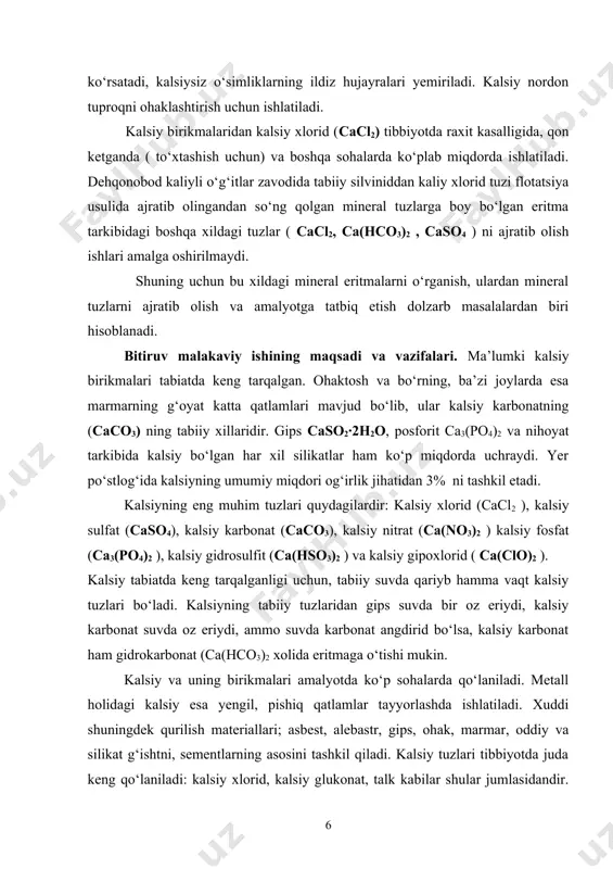 a(h2po4)2 va perisipitat cahpo4·2h2o larini keltirish mumkin. o‘simlik tarkibida 70 ortiq kimyoviy elementlar kiradi. bunday elementlarga uglerod, kislorod, vodorod, azot, fosfor, kaliy, kalsiy va boshqa elementlarni keltirish mumkin. har bir element o‘simklikda o‘z funksiyasini bajaradi va shuning uchun ham bir elementni ikkinchi element bilan almashtirish mumkin emas. kalsiy o‘simlikning uglevodli va oqsilli almashinishida qatnashadi, o‘simliklarning ildizlarining o‘sishiga ijobiy ta’sir ko‘rsatadi, kalsiysiz o‘simliklarning ildiz hujayralari yemiriladi. kalsiy nordon tuproqni ohaklashtirish uchun ishlatiladi. kalsiy birikmalaridan kalsiy xlorid (cacl2) tibbiyotda raxit kasalligida, qon ketganda ( to‘xtashish uchun) va boshqa sohalarda ko‘plab miqdorda ishlatiladi. dehqonobod kaliyli o‘g‘itlar zavodida tabiiy silviniddan kaliy xlorid tuzi flotatsiya usulida ajratib olingandan so‘ng qolgan mineral tuzlarga boy bo‘lgan eritma tarkibidagi boshqa xildagi tuzlar ( cacl2, ca(hco3)2 , caso4 ) ni ajratib olish ishlari amalga oshirilmaydi. shuning uchun bu xildagi mineral eritmalarni o‘rganish, ulardan mineral tuzlarni ajratib olish va amalyotga tatbiq etish dolzarb masalalardan biri hisoblanadi. bitiruv malakaviy ishining maqsadi …