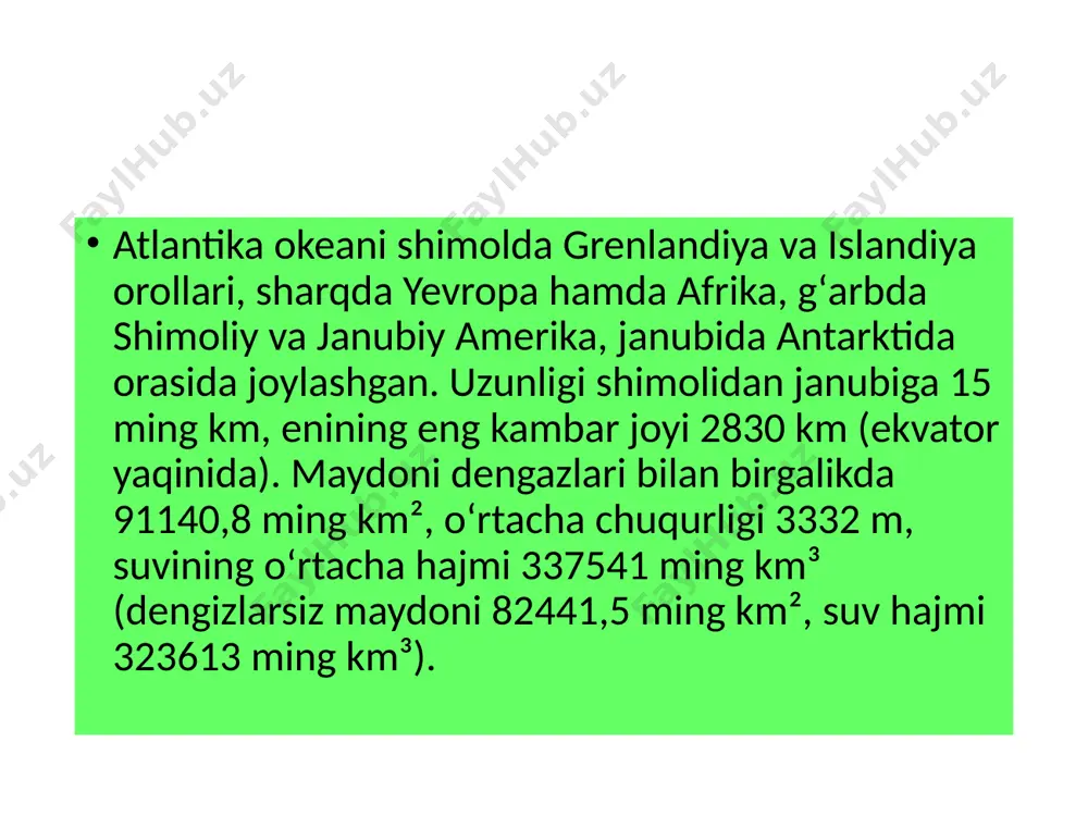 di. sovuq va moʻtadil mintaqalarda bir necha ming hayvon turi boʻlsa, tropik kengliklarda oʻnlarcha ming hayvon turlari bor. sovuq va moʻtadil mintaqalarda sut emizuvchilardan kit va kurak oyoqlilar, baliqlardan seld, treskasimonlar, olabugʻasimonlar va kambalasimonlar xosdir, zooplankton orasida kurak oyokdi qisqichbaqasimonlar va baʼzan qanot oyokdi mollyuskalar koʻpchilikni tashkil qiladi. 100 dan ortiq hayvon turi bipolyar, yaʼni sovuq va moʻtadil mintaqalar uchun, tropiklarda esa uchramaydigan hayvonlar (tyulenlar, dengiz mushuklari, kitlar, kilka, sardina va boshqalar) xos. atlantika okeanining tropik qismida kashalot, dengiz toshbakalari, qiskichbakasimonlar, akulalar, uchar baliklar, krablar, marjon poli-plari, ssifoid meduzalar, sifonofo-ralar, radiolariyalar yashaydi. atlantika okeani muhim iqtisodiy va strategik ahamiyatga ega. atlantika okeaniga dunyo kemalarida tashiladigan yuklarning 60 %, baliqovlashning 40 % toʻgʻri keladi. suyuq yoqilgʻi va metallurgiya xom ashyolari ayniqsa koʻp tashiladi. atlantika okeani orqali oʻtgan dengiz va havo yoʻllari bir qitʼani ikkinchisi bilan bogʻlaydi. trans-atlantika havo yoʻllarining koʻp qismi shimoliy atlantika orqali oʻtadi va yevropadagi london, parij, amsterdam va …