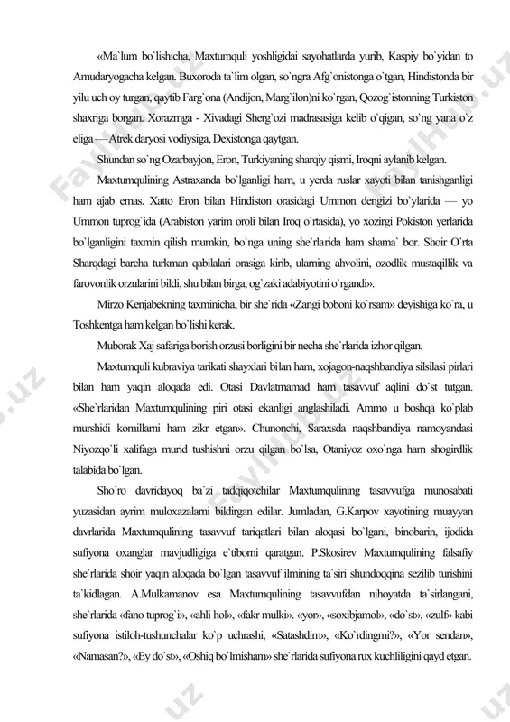 necha she`rlarida izhor qilgan. maxtumquli kubraviya tarikati shayxlari bi​lan ham, xojagon-naqshbandiya silsilasi pirlari bilan ham yaqin aloqada edi. otasi davlatmamad ham tasavvuf aqlini do`st tutgan. «she`rlaridan maxtumqulining piri otasi ekanligi anglashiladi. ammo u boshqa ko`plab murshidi komillarni ham zikr etgan». chunonchi, saraxsda naqshbandiya namoyandasi niyozqo`li xalifaga murid tushishni orzu qilgan bo`lsa, otaniyoz oxo`nga ham shogirdlik talabida bo`lgan. sho`ro davridayoq ba`zi tadqiqotchilar maxtumqulining tasavvufga munosabati yuzasidan ayrim muloxazalarni bildirgan edilar. jumladan, g.karpov xayotining muayyan davrlarida maxtumqulining tasavvuf tariqatlari bilan aloqasi bo`lgani, binobarin, ijodida sufiyona oxanglar mavjudligiga e`tiborni qaratgan. p.skosirev maxtumqulining falsafiy she`rlarida shoir yaqin aloqada bo`lgan tasavvuf ilmining ta`siri shundoqqina sezilib turishini ta`kidlagan. a.mulkamanov esa maxtumqulining tasavvufdan nihoyatda ta`sirlangani, she`rlarida «fano tuprog`i», «ahli hol», «fakr mulki». «yor», «soxibjamol», «do`st», «zulf» kabi sufiyona istiloh-tushunchalar ko`p uchrashi, «satashdim», «ko`rdingmi?», «yor sendan», «namasan?», «ey do`st», «oshiq bo`lmisham» she`rlarida sufiyona rux kuchliligini qayd etgan. albatta, diniy-tasavvufiy mavzudagi she`rlar maxtumquli ijodida yetakchi o`rin tutadi. afsuski, sho`ro …