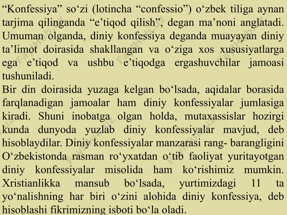 on mamlakatlarining 3 xil guruhi mavjud islom davlat dini mamlakatlari, ya’ni din asosiy davlat siyosati, g`oyasi, mafkurasi sifatida yuritiladigan davlatlar. masalan, eron islom respublikasi, pokiston islom respublikasi, afg`oniston islom respublikasi, quvayt, saudiya arabistoni, mavritaniya islom respublikasi va hokazo. 2. ayrim dinlarga, xususan islomga ustuvor mavqe beradigan musulmon davlatlari. masalan, indoneziya (aholisi 87 foiz musulmonlar), marokash (98,7 foiz), bangladesh, nigeriya (50 foiz), albaniya (musulmonlar 70 foiz), turkiya, bahrayn, maldiv va hokazo. huquqiy demokratik musulmon mamlakatlari (din davlatdan ajratilgan). o`zbekiston, turkmaniston, qozog`iston, qirg`iziston, tojikiston, ozarbayjon va hokazo. yoki davlat tizimi sekulyaristik bo`lib, unda biron bir dinga ustuvorlik huquqi bermaydigan davlatlar ham kiradi (aqsh, fransiya, o`zbekiston kabi).  dinlararo bag`rikenglik g`oyasi – diniy e’tiqodlari turlicha bo`lgan kishilarni o`zaro hamkorlik va hamjihat bo`lib yashashlarini ta’minlash yo`li (davlat bilan diniy tashkilotlar o`rtasidagi 5 prinsip) dindorlarning diniy tuyg‘ularini hurmat qilish diniy e’tiqodlarni fuqarolarning yoki ular uyushmalarining xususiy ishi deb tan olish diniy qarashlarga amal qiluvchi fuqarolarning …
