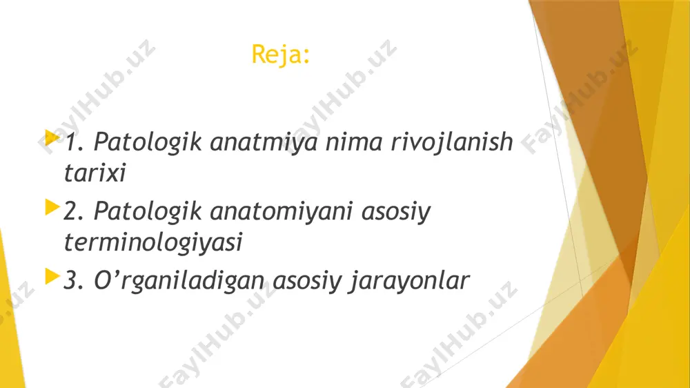 surunkali o’tkir tez paydo bo’ladigan va rivojlanadigan kasalikka ishora qiladi. surunkali sekin rivojlanadigan va uzoq davom etadigan kasalik xisoblanadi tashxis va prognoz tushunchasi patogenezi tashxis kasalikni aniqlash yoki uning sababini aniqlash jarayoni. pragnoz kaasalik oqibati tog’risida bashorat qilishni anglatadi. patogenez kasalikni alomatlarini keltirib chiqaradiganetiologik mexanizmga ishora qiladi yani kasalik rivojlanish jarayoni. semptom va sindrom kasalik va o’lim semptom kasalik mavjudligining namoyon bo’lishi birgalikda paydo bo’ladigan simtomlarning kombinatsiya bo’lib umumiy sababni keltirib chiqaradi. kasalik-bemorni sog’lig’iga tasir qilish darajasini anglatadi. o’lim kasalik bilan bog’liq o’lim foizini anglatadi. apaptoz- eski, kereksiz yoki kasal hujayralarning tabiy dasturlashtirilgan o’limi. agar bu yetishmasa saraton kasaligiga chalinadi. agar haddan tashqari ko’p bo’lsa , u neyrogenerativ kasalikni keltirib chiqaradi( altsgeymer , parkiston). o’rganiladigan asosiy jarayonlar atrofiya va degeneratsiya hujayra kattaligi yoki sonining kamayishi tufayli organ yoki toqima hajmi funksiyasining pasayishi.bu haddan tashqari apaptoz yoki qarish,jismoniy va kimyoviy shikaslanish, qon tomir kasaliklari, vitamin etishmovchiligi yoki genetic nuxsonlar tasirida paydo …