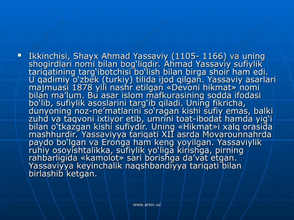 n beradi. www.arxiv.uz www.arxiv.uz foydalanilgan adabiyotlar: o’zbekiston respublikasi konstitutsiyasi. t.: 2001 yil. karimov i.a “ o’zbekiston xxi asr bo’sag’asida: xavfsizlikka taxdid, barqarorlik shartlari va taraqqiyot kafolatlari” t., “uzbekiston” 1997 yil. azizov a. islom va xozirgi zamon. t., 1992 yil. karimov i.a. o’zbekistonning uz istiqlol va taraqqiyot yo’li. t., “o’zbekiston” , 1992 yil. karimov i.a ollox kalbimizda, yuragimizda. t., “ o’zbekiston ” 1999 yil. karimov i.a. e’tiqod erkinligi qonuniy asosda bo’lsin. “xalq so’zi”. 1998 yil 5 may imom ismoil al-buxoriy. “al-adab al - mufraz” t., 1990 yil. ismoil maxmud. toshkentdagi usmon musxafining tarixi. t., movarounnaxr. 1995 yil. muxammad sodik., muxammad yusuf. tasavvuf xaqida tasavvur. t., 2004 yil. www.arxiv.uz www.arxiv.uz