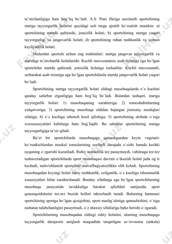 shvishlanish sportchini muvaffaqiyatsizlikka olib keladi. sportchining musobaqadan keyingi holati ruhiy tushkunlik, ezilganlik, o`z kuchiga ishonmaslik xususiyatlari bilan xarakterlanadi. bunday sifatlarga ega bo`lgan sportchilarning musobaqa jarayonida tavakkaliga harakat qilishlari natijasida sport qonunqoidalarini tez-tez buzish hollari takrorlanib turadi. bularning hammasi sportchining sportga bo`lgan qiziqishini, sport mashg`ulotiga qatnashishini, o`ziga nisbatan talabchanligini pasaytiradi, o`z shaxsiy sifatlariga baho berishi o`zgaradi. sportchilarning musobaqadan oldingi ruhiy holatini, ularning musobaqaga tayyorgarlik darajasini aniqlash maqsadida tarqatilgan so`rovnoma (anketa) savollariga sportchilarning bergan javoblaridan quyidagilar murabbiylarning alohida e’tiborida bo`lishi maqsadga muvofiq: «bo`lajak sport musobaqalari meni doimo vahimaga soladi?», «men murabbiyning bergan tanbehidan tez ta’sirlanaman, o`zimga og`ir olib, qiynalib yuraman». bu javoblardan sportchi o`zining ruhiy holatini to`g`ri boshqarish malakalarini egallash usullarini o`rganish uchun yordamga muhtoj ekanligi anglashiladi. demak, murabbiylar laqat sportchilarning ruhiy holati kuchini o`rganish bilan cheklanmasdan, ularning sport faoliyatida o`zini-o`zi boshqarish imkoniyatini ham o`rganib, bu vazifani muvaffaqiyatli amalga oshirish uchun quyidagi uch asosiy masalaga e’tiborlarini qaratishlari lozim bo`ladi: a) sportchining ruhiy …
