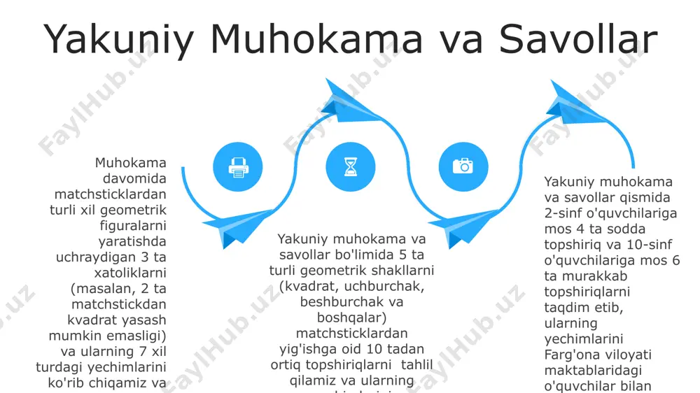 ent shahridagi maktablarda amaliy tajribalar orqali tasdiqlangan. "fikrlash qobiliyatini rivojlantirish"da 5 yoshdan 10 yoshgacha bo'lgan bolalar uchun geometrik shakllarni chizish orqali fazoviy fikrlash ko'nikmalarini 20% ga oshirish mumkinligi haqida samarqand shahridagi ta'lim muassasalarida o'tkazilgan tadqiqotlar natijalari ko'rsatmoqda. mantiqiy muammolarni yechish farg'ona viloyatidagi matematika musobaqasida ishtirokchilarga 4 ta kvadratdan iborat shaklni 8 ta gugurt cho'pidan hosil qilish va uni 2 ta harakatda 2 ta kvadratga ajratish vazifasi qo'yilgan bo'lib, bu muammoni yechish uchun 3 xil strategiya mavjud. mantiqiy muammolarni yechishda, masalan, 12 ta gugurt cho'plaridan 3 ta teng tomonli uchburchak hosil qilish vazifasi samarqanddagi matematika olimpiadasida 2023-yilda berilgan bo'lib, o'quvchilarning fazoviy fikrlash qobiliyatini baholaydi. toshkentdagi maktablarda 5-sinf o'quvchilariga berilgan geometrik shakllarni gugurt choplaridan tuzish bo'yicha 25 ta topshiriqning 17 tasi mantiqiy fikrlashni va kombinatorika elementlarini talab qiladi. murakkab shakl bulish: uchburchak va beshburchak buxoroda o'tkazilgan matematik musobaqada "murakkab shakl bulish: uchburchak va beshburchak" o'yini 15 ta tayoqchadan foydalanib, ikkita uchburchak va …