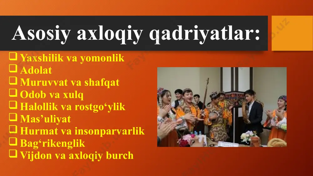 shlari uchunmuayyan asos bo’ladi. biz suqrot vaaflotun, arastu va hegellar kattae`tibor bergan bu mavzuning g’arbfalsafasida o’z tarixiga ega ekanligigashubha qilmaymiz etikadagi qadriyatlar qadriyat… qadriyatning mazmuni va ahamiyati «baho»tushunchasida to’la-to’kis aks etmasligi, turlichaifodalanishi ham mumkin. qadriyatning haqiqiyqadrini, mazmuni va ahamiyatini bahosiga qarabaniqlash qiyin bo’ladigan hollar ham uchraydi.aslida qadriyatning qadrini bilish, uningahamiyatini anglab olish va baholash bir-biribilan uzviy bog’liq jihatlarni tashkil qiladi.qadriyatning ahamiyati anglab olinmasa, qadritug’ri tushunilmasa, unga tug’ri baho beribbo’lmaydi. aynan shu ma`noda qadriyatnibaholash unga bo’lgan munosabatni hamifodalaydi, bu esa o’z navbatida kishilarningtalablari, ehtiyojlari va maqsadlari bilanbog’liqdir. qadriyatni baholashda qancha hilma-hil maqsad va ehtiyojga ega bo’lgan kishilarishtirok etsa, uning haqiqiy bahosini aniqlashham shuncha qiyinlashib boraveradi. sivilizatsiyamiz qadriyatlari va halqimizgahos qadrlash me`yorlari musulmon sharqiva arablar dunyosi madaniyatining rivojigaham nihoyatda katta aks ta`sir ko’rsatgan.tarihda nomlari saqlangan allomalarimizo’z navbatida butun jahon, sharqmadaniyatiga g’oyat katta hissaqo’shganlar. bunday fikrni abu hanifa, al-buhoriy, at-termiziy, kubro, ahmadyassaviy, naqshband kabi ilohiyot ilminingzabardast allomalari tug’risida ham aytishjoiz. ularning har biri …