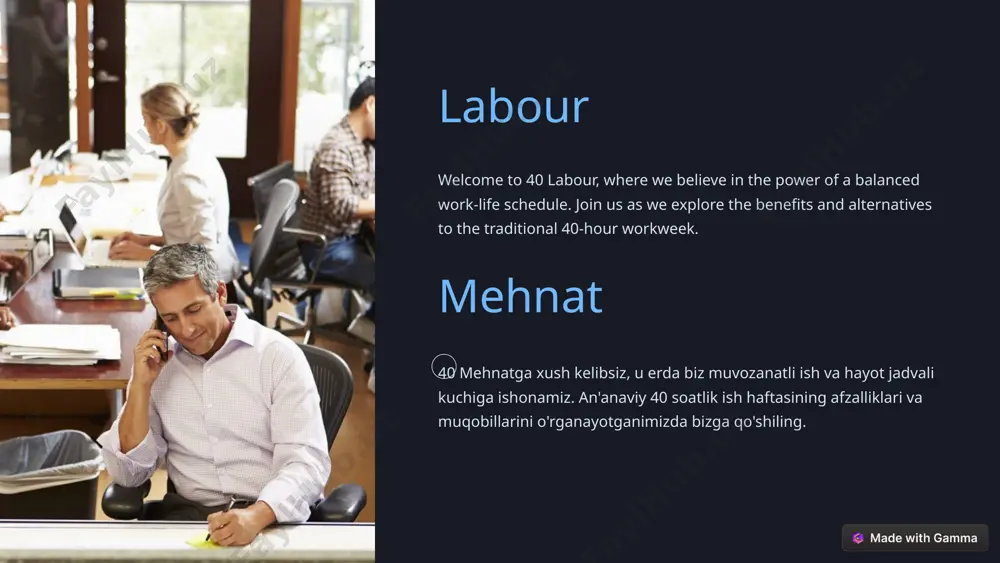 sitive correlation between reduced working hours and higher productivity levels, resulting in better quality work. 3 mental & physical well-being learn how a structured workweek helps prevent burnout and stress-related illnesses, promoting both mental and physical well-being for employees. 5 40 soatlik ish haftasining afzalliklari 1 ish va hayot muvozanati qanday qilib 40 soatlik ish haftasi odamlarga shaxsiy manfaatlarini, oilaviy vaqtini va o'z-o'ziga g'amxo'rlik qilishni birinchi o'ringa qo'yish imkonini beradi, bu esa sog'lom va to'laqonli hayotga olib keladi. 2 hosildorlik va samaradorlik qisqartirilgan ish vaqti va yuqori mahsuldorlik darajasi o'rtasidagi ijobiy bog'liqlikni ko'rsatadigan tadqiqotlar va tadqiqotlarni o'rganing, natijada ish sifati yaxshilanadi. 3 ruhiy va jismoniy farovonlik strukturaviy ish haftasi charchash va stress bilan bog'liq kasalliklarning oldini olishga qanday yordam beradi, xodimlarning ruhiy va jismoniy farovonligiga yordam beradi. arguments for shorter work weeks improved work-life integration discover how shorter workweeks, such as the 4-day workweek or reduced hours, can foster a …