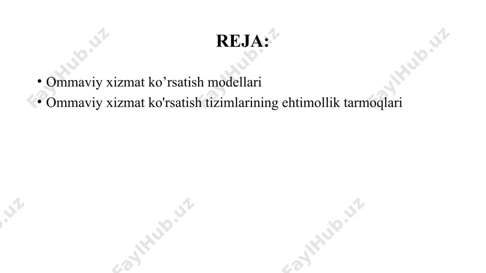 usiyatlari tadqiqot maqsadlariga qarab boshqarish sifatining mezoni bo'lib xizmat qilishi mumkin: tizimning ishlashi, tizimdagi talablarning o'rtacha soni yoki o'rtacha ommaviy xizmat ko'rsatish uzunligi, tizimdagi talablarning o'rtacha yashash vaqti yoki o'rtacha kutish vaqti, yo'qotishlar ehtimoli, tizimning yuklanish koeffitsienti yoki qurilmalarning o'rtacha ishlamay qolishi va boshqalar, shuningdek, bu xususiyatlar bilan bog'liq bo'lgan turli iqtisodiy ko'rsatkichlar. optimal boshqarish muammolarini xkning optimal sintezi muammolaridan ajratib ko'rsatish kerak, bunda tizimning parametrlarini tanlash masalalari ham tanlov tizimni loyihalash bosqichida bir marta amalga oshiriladi, uning ishlashining eng yaxshi (ma'lum mezon bo'yicha) sifatini ta'minlash uchun hal qilinadi. ommaviy xizmat ko’rsatish modellari ommaviy xizmat ko’rsatish modellari biroq, boshqarish muammolarida ba'zan optimal strategiyani statsionar bo'lgan va tizimning ishlash jarayoniga bog'liq bo'lmagan strategiyalar sinfida izlash mumkinligi ma'lum bo'ladi. bu holat, masalan, ustuvor optimallashtirish muammolarida yuzaga keladi. bu holda optimal boshqarish va optimal sintez muammolari amalda bir-biriga mos keladi. biroq, boshqarish muammolarini hal qilishda tizimning ishlash jarayoniga bog'liq bo'lmagan statsionar strategiyalar va …