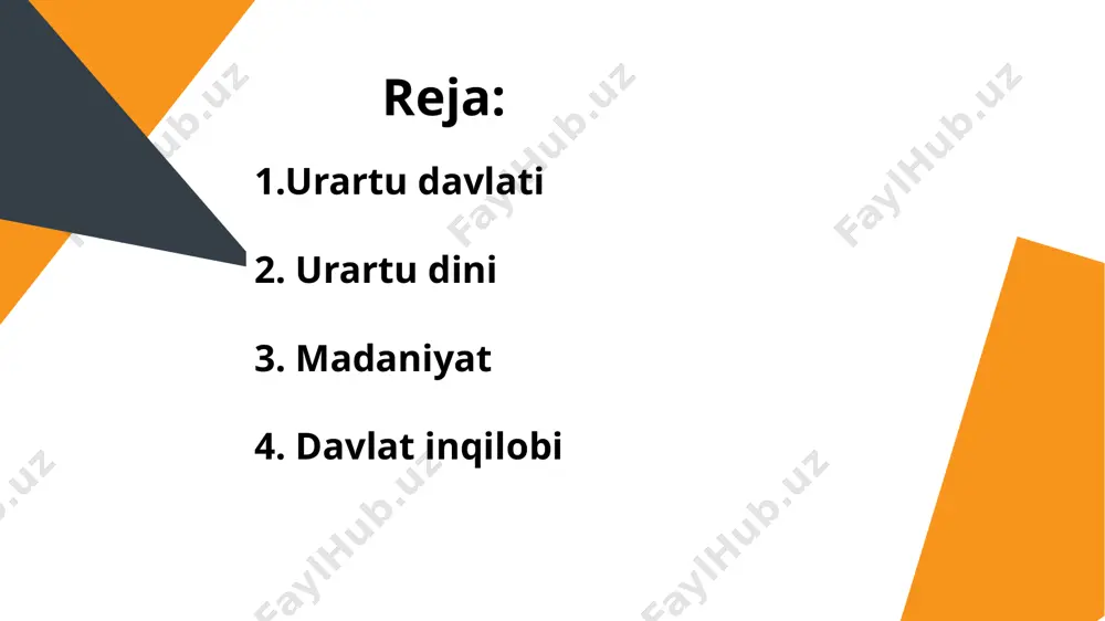 millatli tuzilishi bilan bogʻliq edi. urartu dini qadimgi fetishizmdan va tabiatga topinishdan tortib to xudolarga, ya`ni podsho va davlat homiylariga topinishgacha bo`lgan hamma taraqqiyot yo`lini bosib o`tgan. urartlar daraxtlarni va xususan tog`larni ilohiylashtirganlar. xald nomli xudoning epitetlaridan biri «xald tog`i» bo`lgan. urartu xudolarining ro`yxatida (mxer kapusi) xald darvozasi va xald darvozasining xudolari sanab ko`rsatiladi urartu madaniyati hali kam o’rganilgan. lekin urartlar old osiyodagi boshqa xalqlarning izdaniy ijodi bilan juda yaqindan bogʻlangan yuksak madaniyat yaratganliklari va shu bilan jahon madaniyati xazinasiga qimmatli hissa qoshganliklari hozir juda ravshandir. urartu madaniyatining oziga xos kopgina xu-susiyatlari bolgan. urartlarning qadimgi o’z ieroglif yozuvi bolib, bu yozuvning ba’zi bir surat-belgi-lari ayrim buyumlardan va bir sopol lavhadan topil-gan. urartlarda arxitektura va metallurgiya yuksak darajada taraqqiy qilgan. musasir ibodatxonasining sargon saroyi devorlarida saqlanib qolgan tasviri badiiy nuqtai nazardan juda katta ahamiyatga ega. bu ibodat- xona eramizdan avvalgi viii—ix asrlarda tepalik ustiga solingan. bu ibodatxona, tomining nishobi ikki tomonga …