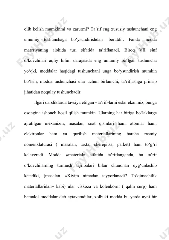 ddalarni tavsiflashga doir mashqlarni bajarganda reja sifatida foydalaniladi. o‘rganiladigan obyekt sifatida o‘quvchilarga ma’lum bo‘lgan biror moddani, masalan, suvni (ruyxatga fizikaviy konstantalarni ham kiritish maqsadida), osh tuzini olish kerak. minerallar ma’ruzasidan tuzning yirik kristallarini olib ko‘rsatish ma’qul. bunday kristallar bo‘lmagan taqdirda mayda kristall tuz solingan bankani stol ustiga qo‘yib, yirik kristallar rangsiz bo‘lishini eslatish zarur. shuningdek, darslikda berilgani kabi, shu darsning o‘zida yoki uy vazifasi sifatida qandni tavsiflashni mashq qildirish kerak, chunki bundan keyingi mavzularda qandning o‘quvchilar uchun yangi tomonlari qayta-qayta tekshiriladi. moddalarning xossalarini tavsiflash ularning xossalarini bilish nima uchun zarur degan masalani ham bir yo‘la oydinlashtirishga imkon beradi. bunday mashqlar kimyo materiali asosida kuzatish, kuzatilgan narsalarni taqqoslash, ulardagi o‘xshashlik va farqni topish malakasini rivojlantirishga birinchi hissa bo‘lib qo‘shiladi, taqqoslash esa narsalarni induksiya orqali bilib olishning dastlabki bosqichi hisoblanadi. bunday mashqlar narsalardagi eng muhim xossalarni ajrata bilish va o‘rganilishi jihatidan u qadar ahamiyatli bo‘lmagan xossalardan diqqatni chetga tortish ( abstraktlash) malakasini …