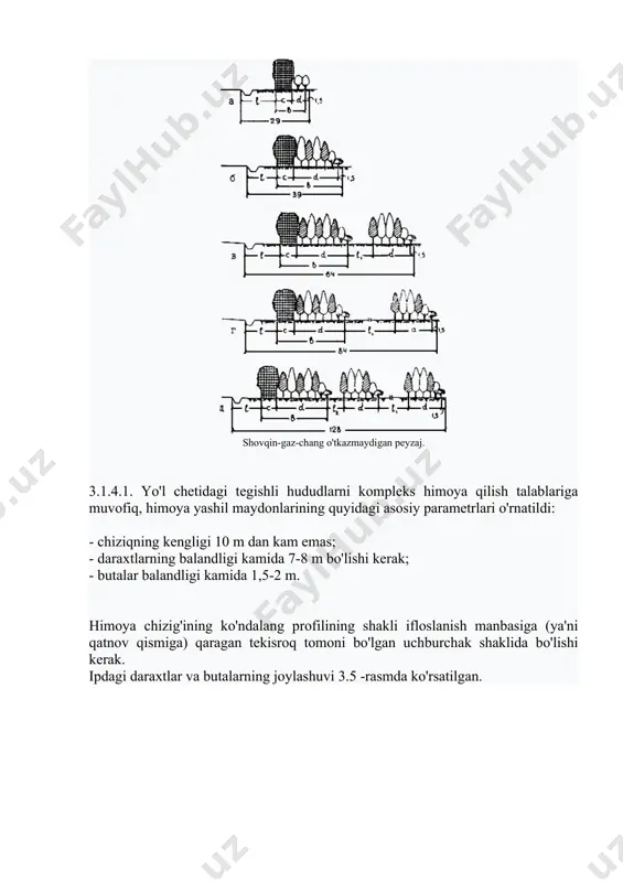 shahar va qishloqlarga kirishni, aholi punktlarining o'zlarini loyihalashda ishlatiladi. yo'llarni dekorativ ko'kalamzorlashtirishning odatiy usulidan foydalanish misollari 3.6 -rasmda keltirilgan. va 3.7. avtomobil yo'llarini dekorativ ko'kalamzorlashtirishga misollar (muntazam yo'l) a) - qattiq daraxtlar; b) - aralash zotlar. monoton qorli o'rmon kamarlari fonida dekorativ daraxtlarni muntazam joylashtirishga misol: 1 - qordan himoya chizig'i; 2 - dekorativ aksan; 3 - muntazam dekorativ ekish. landshaft-guruhli (yoki tekin) qabul qilish daraxtlar va butalarni har xil o'lchamdagi alohida elementlar va guruhlar shaklida bepul (chiroyli) joylashtirishni ta'minlaydi. guruhlar, alohida o'simliklar va ularga boradigan yo'llar orasidagi masofalar juda xilma-xildir (faqat yo'l harakati chegarasi bilan cheklangan). bu usul asosan tepalikli yoki to'lqinli relefli hududdan o'tadigan yo'l uchastkalarida qo'llaniladi. landshaft-guruh usulidan foydalanish misollari 3.8 va 3.9-rasmlarda keltirilgan. avtomobil yo'llarini dekorativ ko'kalamzorlashtirishning landshaft-guruhli usuli. peyzaj-daraxtlar va butalarni monoton daraxt ekish fonida guruhlarga joylashtirish. landshaft-guruhli qabul qilish elementlari haydovchilarning vizual yo'nalishi uchun ham qo'llanilishi kerak. bunday holda yaratilgan uchish -qo'nish uch guruhga …