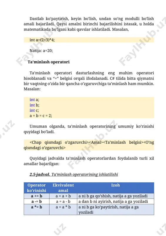(>=), kichik( b; natija sifatida c=true qiymatini qabul qiladi. chunki 20>10 shart bajariladi. char tipida bu operatorlarning qo’llanilishini ko’raylik: char a='a'; char b='a'; bool c=a >). amaldan keyingi son bitlar nechta o’rin chapga yoki o’ngga surish kerakligini bildiradi. razryadlarni n ta chapga (o’ngga) surish sonni 2n soniga ko’paytirish (bo’lish) amali bilan ekvivalent va nisbatan tez bajariladi. shuni e’tiborga olish kerakki, operand ishorali son bo’lsa, u holda chapga surishda eng chapdagi ishora razryadi takrorlanadi (ishora saqlanib qoladi) va manfiy sonlar ustida bu amal bajarilganda matematik nuqtai-nazardan xato natijalar yuzaga keladi. shu sababli, bu razryadli surish amallarini ishorasiz (unsigned) turdagi qiymatlar ustida bajarish tavsiya etiladi. misollarga murojaat qilamiz. int r, a = 5, d = 3; r = a > d; natija: r=1. konsolda kiritish/chiqarish funksiyalari kiritish. konsolli ilovada ma’lumotni klaviatura orqali kiritishning umumiy ko’rinishi quyidagicha (bu c++ tilidagidan ancha farq qiladi): =console.readline(); uning umumiy ko’rinishidan ma’lum bo’lmoqdaki, klaviaturadan kiritilgan har qanday …