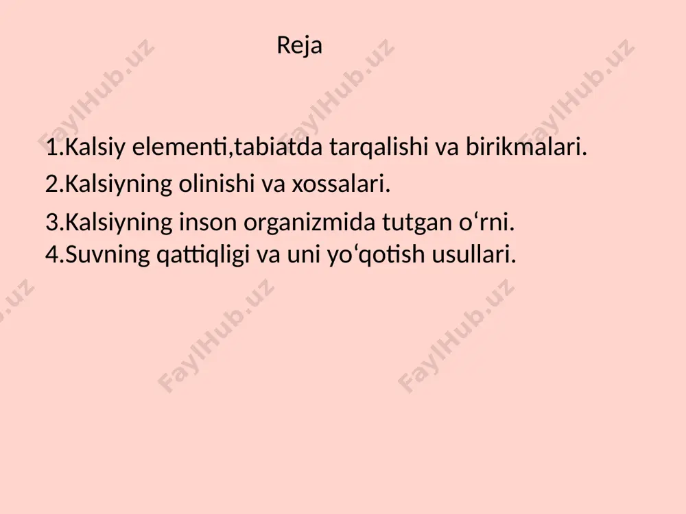 tanasining barcha a’zolari kalsiydan tashkil topgan, ya’ni butun inson sikileti, soch, tirnoq va qon (qonning 1 % i) kalsiydan tashkil topgan. kalsiy tanaga atrofdan keladigan ogohlantirishlarning asab tolalariga yetib borishini ta’minlaydi. bu juda muhim. chunki kalsiysiz ogohlantirishlar asab tolalariga yetib kelmaydi. bu esa – inson falaj bo‘lib, ichki a’zolari ishlamay qoladi va insonni o‘limga olib boradi, degani. kalsiyga boy maxsulotlar. suvning qattiqligi va uni yo‘qotish usullari. qattiq suv--tarkibida ca va mg ionlari ko‘p bo‘lgan suv. yumshoq suv--tarkibida ca va mg ionlari bo‘lmagan yoki juda kam bo‘lgan suv. 2+ 2+ 2+ 2+ suvda vaqtinchalik (karbonat),doimiy,kalsiy,magniy va umumiy qattiqlik farqlanadi. vaqtinchalik qattiqlik--suvda magniy va kalsiy gidrokarbonatlar (ca(ho3)2, mg(hco3)2) mavjudligi bilan bog‘liq. doimiy qattiqlik--suvda magniy va kalsiy sulfatlar va xloridlar (caso4, cacl2, mgso4, mgcl2) mavjudligi bilan bog‘liq. kalsiy qattiqligi-- suvda kalsiy tuzlari mavjudligi bilan bog‘liq. magniy qattiqligi--suvda magniy tuzlari mavjudligi bilan bog‘liq. umumiy qattiqlik--suvning kalsiy va magniy qattiqligi yig‘indisi. suvning qattiqligini pasaytirish,yumshatish uchun …