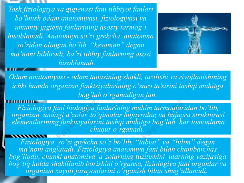 agi o’zgarishlarini, tashqi muhit sharoitining bola organizmiga ta’sirining gigienik ahamiyatini bilib olgandagina o’quv – tarbiya jarayonini to’g’ri tashkil eta oladi. avlodni jismonan sog’lom, aqliy va ruxiy jixatdan tetik, qaddi – komati kelishgan qilib tarbiyalash uchun har qanday o’qitish shaklidagi bilim muassasalari tarbiyachi va o’qituvchilari yosh fiziologiya va gigienasi fani asoslari haqidagi bilimga ega bo’lishlari kerak. yosh fiziologiya va gigienasisining rivojlanish tarixi. o’sib kelayotgan avlodning sog’liq darajasi joriy etilgan sog’lomlashtirish gigiena tadbirlarining natijasi o’larok, kelgusida yana qanday qo’shimcha gigienik tadbirlar ko’rish kerakligini ham belgilab beradi avlodni jismonan sog’lom, aqliy va ruxiy jixatdan tetik, qaddi – komati kelishgan qilib tarbiyalash uchun har qanday o’qitish shaklidagi bilim muassasalari tarbiyachi va o’qituvchilari yosh fiziologiya va gigienasi fani asoslari haqidagi bilimga ega bo’lishlari kerak. o’zbeqistonda xizmat ko’rsatgan tabib, gigienist olim u.r. ubaydullaev odam organizmiga tashqi muxitning ta’sirini nazariy va amaliy jixatdan o’rgandi. jumladan paxta dalalariga sepiladigan pestittsidlarning odam organizmiga zararli ta’sirini o’rganib, uning ta’sirida kasallangan …