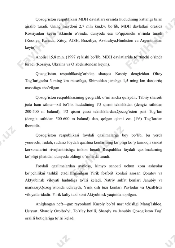 umladan qarag`anda havzasida—50 mlrd.t. to’rіay havzasida 50 mlrd.t, ekibastuzda-12 mlrd.t.qarag`anda ko’mir havzasidan asosan toshko’mir qazib olinali, bu kokslanuvchi ko’mirdir. qozog`iston respublikasi xalqaro geografik mehnat taqsimotida yirik sanoat ishlab chiqaruvchi davlat bo’lib qatnashadi. uning hisobiga mdh davlatlaridagi 1\3 qism mis eritish, taxminan 1\2 qism rux, 2\3 qismdan ko’proq qalay to’іri keladi. qozog`iston qora metallar ishlab chiqarish, neft va ko’mir qazib olish, bundan tashqari oziq—ovqat sanoati, don yetishtirish, jumladan, go’sht va qorako’l terisi yetishtirish bo’yicha ham alohida o’rinda turadi. qozog`iston polimetall rudalari bo’yicha ham dunyoda oldingi o’rinlardan birida, mdhda esa ]-o’rinda turadi (oltoy,qoratov, junqoriya olatovidaga konlar). bu yerda qalay, ruxdan tashqari oltii, kumush, qadimiy va boshqa 30 ga yaqin rangli va nodir metallar uchraydi. јozoіriston respublikasi mis zahiralari bo’yicha mdh davlatlari orasida birinchi o’rinda turadi (eng katta konlardan jezqazіan, balxash, markaziy qozog`istonda, bozshaqol shimoliyqozog`istonda, orlov, nikolayev–sharqiy qozog`istonda, chotirko’l-janubda, yubileniy -g`arbiyqozog`istonda), kumush, volfram (qozog`iston past tog`larida), xrom (aktyubinsk oblastida), vannadiy, borit va boshqalar …