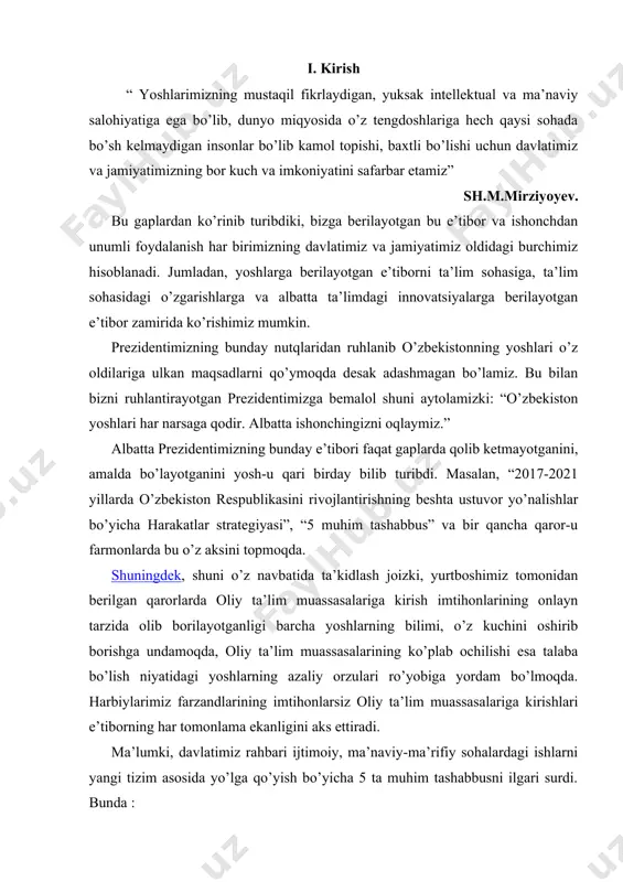 kasb-hunar kollejlari o’rnida 11 yillik o`rta maxsus ta`lim maktab tizimi joriy etildi. yoshlarning kasb-hunarni egallashi uchun ularning bo’sh vaqtlarida maktablarda to’garaklar kuchaytirildi. kasb-hunar kollejlari o’rnida o’quv markazlari ochildi. shuningdek, bu binolarni rekonstruksiyaga berilib, oliygohlar ochildi. boshqa davlatlar bilan hamkorlikda oliygohlar ochilmoqda. bu oliygohlardagi talabalarga o’z tahsilini o’sha davlatga borib tugallashi mumkinligi yana bir quvonarli holatdir. talabalar o’qish mobaynida bu davlatlarda ishlash imkoniga ham ega bo’lib, ularning ko’nikma, malaka va bilimlarini ham o’rganmoqda. maktab o’quvchilarining bilim saviyasi yaxshi bo’lishi uchun avvalo, o’qituvchilarning bilimi yaxshi bo’lishi kerakligi inobatga olinib, ularning malaka oshirish vaqtlarida imtihonlar olinmoqda. raqamli iqtisodiyotga o’tish qarorida esa yurtboshimiz tomonidan olib borilgan tashabbus doirasida onlayn tarzida ta’lim olish, chet tillarini o’rganish, talabalarning chet davlatlarda o’qish imkoniyatini oshirilmoqda. bularga javoban, yoshlarimizning har xil sport turnirlari, fan olimpiadalarida bizning har qaysi sohada bemalol yengishimiz mumkinligini, bu borada bor imkoniyatimizni ishga solib bo’sh kelmasligimizni isbotlamoqda. tekislik — geometriyanpnt asosiy tushunchalaridan biri. geometriyada tekislik …