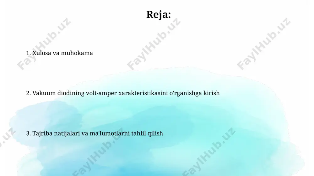 sh yo'li ta'minlanadi. katod issiqlik yoki fotoemissiya yordamida elektronlarni chiqaradi, anod esa musbat potensial bilan ta'minlangan boʻlib, elektronlarni oʻziga tortadi. bu jarayon 0.1-10 ma oralig'idagi to'kiluvchi tokni hosil qiladi. child-langmyur tenglamasini qo'llash child-langmyur tenglamasining aniqligi, past kuchlanishlarda, prostranstvenniy zaryad taʼsiriga bogʻliq ravishda, chegaralangan boʻlishi mumkin. tenglama, elektronlarning boshlangʻich tezligi nolga teng deb faraz qilgan holda, elektronlarning tezlanishi va toʻplanishini hisobga olib, elektron oqim zichligini hisoblash imkonini beradi. tajriba o'tkazish uslubiyati har bir kuchlanish qiymati uchun o'rtacha 3 ta o'lchov o'tkazilib, olingan natijalar xatolik chegarasi ±0.5% bilan hisoblab chiqildi. tajriba davomida 50 dan 200 v gacha bo'lgan kuchlanish oralig'ida 0,1 ma dan 10 ma gacha tok kuchini o'lchash uchun yuqori aniqlikdagi multimetrdan foydalanildi. olingan natijalar va grafiklar tokning toʻyinish sohasi 450 v dan yuqori kuchlanishlarda kuzatildi, bu elektrodlar geometriyasi va issiq katodning emissiya qobiliyati bilan bogʻliq. olingan natijalar, 100-500 v oraligʻidagi kuchlanishda tokning kvadrat ildizga proportsional oʻsishini koʻrsatadi, bu child-langmyur qonuniga …