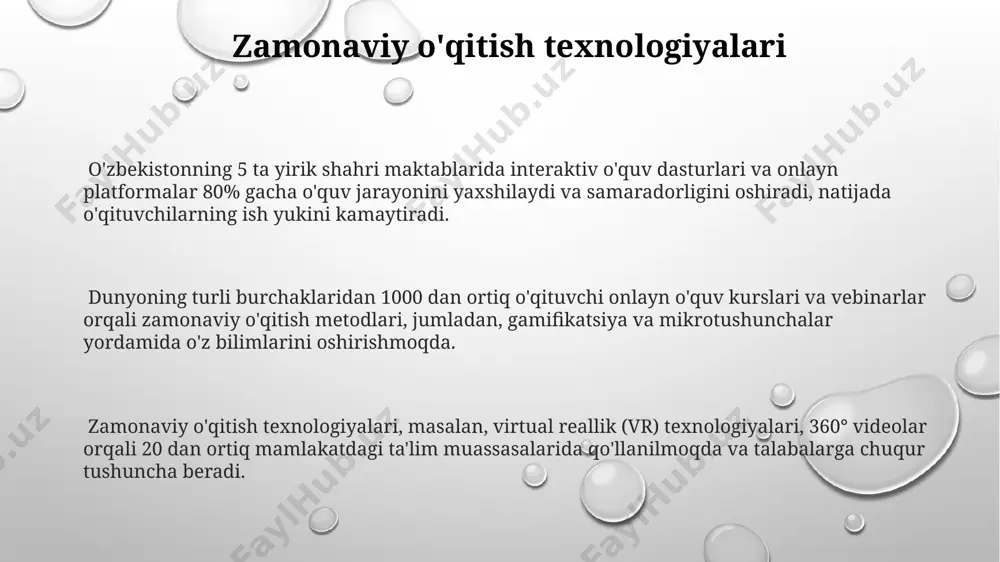 yalar онлайн платформалар орқали микро-кредитлаш ва персоналлаштирилган таълим дастурларини тақдим этиш 2030 йилгача жанубий африка республикаси каби ривожланаётган давлатларда 50% га кўпаяди. масофавий таълимнинг шакллари (онлайн курслар, вебинарлар) билан бирга, 2028 йилгача европанинг кўплаб мамлакатларида ҳамкорликдаги лойиҳалар ва глобал муаммоларни ҳал этишга қаратилган 15 тадан ортиқ ўқув дастурлари пайдо бўлади. 2025 йилга бориб, дунё бўйлаб 30% таълим муассасалари виртуал ва қўшимча реаллик технологияларини, хусусан, сингапур ва жанубий корея каби давлатларда кенг қўллаш амалиётига эга бўлади. ta'lim samaradorligini baholash ta'lim samaradorligini baholashda, 3 oylik kuzatish davri natijalarini tahlil qilish va 20% o'quvchilar bilan intervyu o'tkazish orqali, o'qitish uslublarining samaradorligini aniqlash va kerakli o'zgarishlarni amalga oshirish mumkin. o'quvchilarning 70% dan ortig'i test natijalari bo'yicha 80 balldan yuqori ball to'plagan bo'lsa, ta'lim jarayoni yuqori samarali deb hisoblanadi; aks holda, toshkentdagi o'quv muassasalarida qo'llaniladigan qo'shimcha treninglar o'tkazish tavsiya etiladi. ta'lim samaradorligini baholashda 5 balldan iborat shkala qo'llanilishi, har bir ballga muayyan ko'rsatkichlar (masalan, bilimlarni …