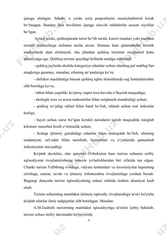 oydalanildi. asosiy qism bizning fikrimizcha, turizm sohasi covid-19dan keyingi davrda ham yangi ish o'rinlarini yaratish orqali hamda tashrif buyuruvchilarning turistik manzillarga qaytishi hisobiga jahon iqtisodiyotini tiklashda hal qiluvchi soha bo'lib maydonga chiqadi. butunjahon turizm va sayohatlar kengashi ma'lumotlariga ko'ra, o'zbekistonda 2019 yilda turizmning yaimdagi ulushi 3,4%ni, yillik o'sish sur'ati esa 12,3%ni tashkil etdi. turizm sohasida band bo'lganlar soni 601,7 ming kishiga teng bo'lib, ular umumiy bandlarning 4,6%ni tashkil etdi. turizm xizmatlari eksportining mamlakat umumiy eksportidagi ulushi 21,1%ga teng bo'ldi. butunjahon turizm va sayohatlar kengashi metodologiyasiga ko'ra, turizm mamlakat iqtisodiyotiga bevosita va bilvosita ta'sir ko'rsatadi, shuningdek, milliy iqtisodiyot tarkibidagi to'laqonli tarmoq sifatida ham gavdalanadi. turistik safarlar turistlar tomonidan muayyan tovar va xizmatlarga talabni taqozo qiladi hamda ushbu tovar va xizmatlarning ko'proq ishlab chiqarilishiga olib keladi. natijada, mamlakat yaim hajmi ortadi. shuningdek, turizm soha rivojlanish bo'yicha unga yaqin bo'lgan tarmoqlardan ham ko'proq qo'shilgan qiymatni yaratadi. turistik faoliyatdan olinadigan soliqlar turli darajadagi byudjetlarga …